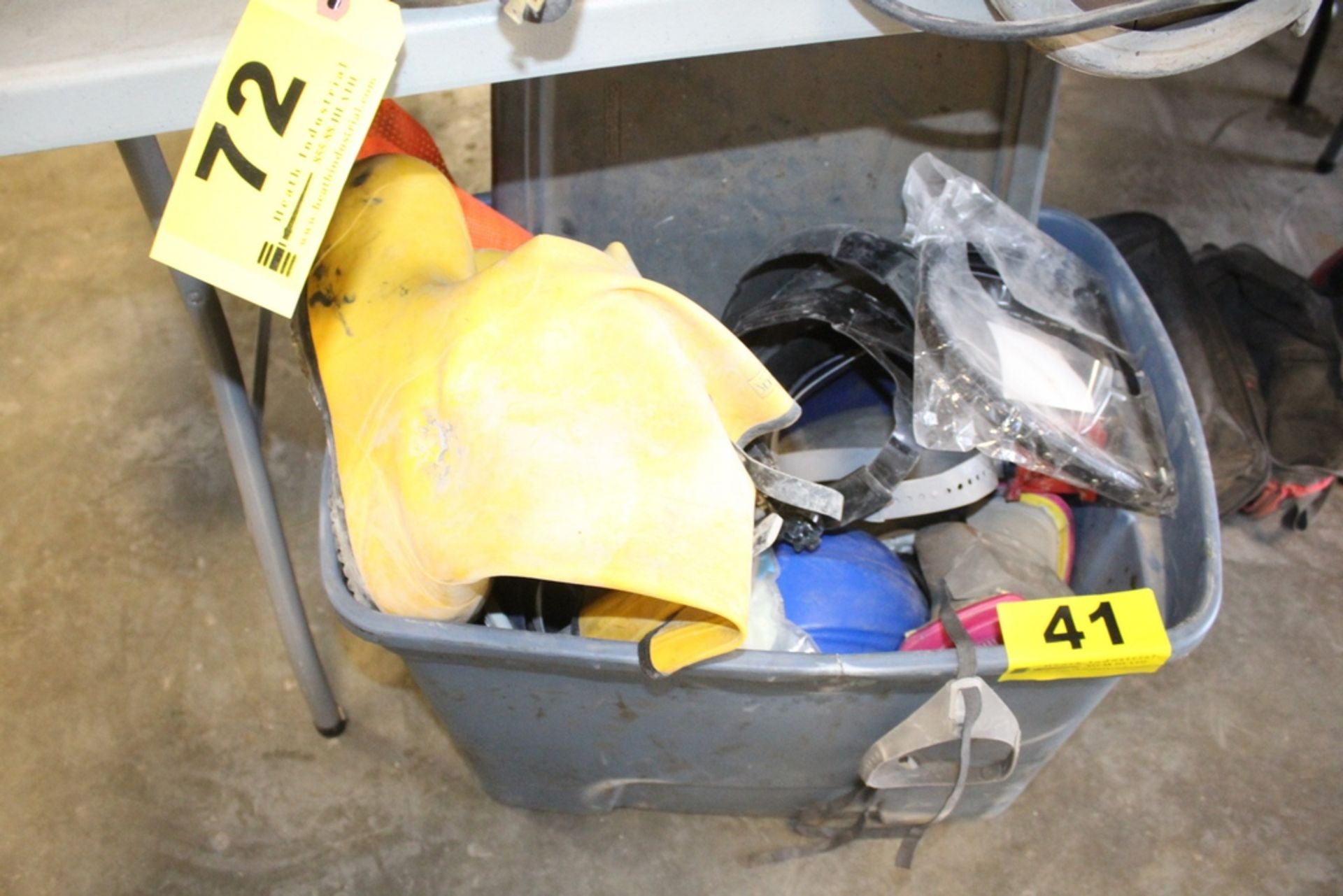 ASSORTED FACE SHIELDS, HARD HATS, AND RUBBER BOOTS