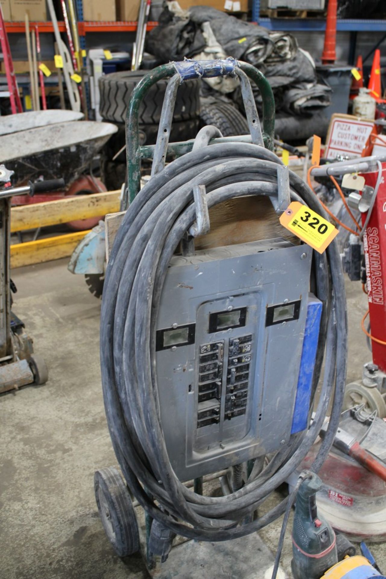 PORTABLE CIRCUIT BREAKER BOX WITH (11) BREAKERS AND TWO WHEEL HAND TRUCK