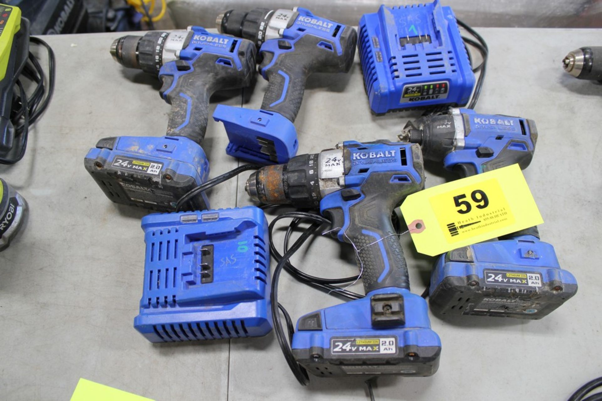 ASSORTED KOBALT CORDLESS DRILLS AND DRIVERS, 24V, WITH (3) BATTERIES AND (2) CHARGING BASES