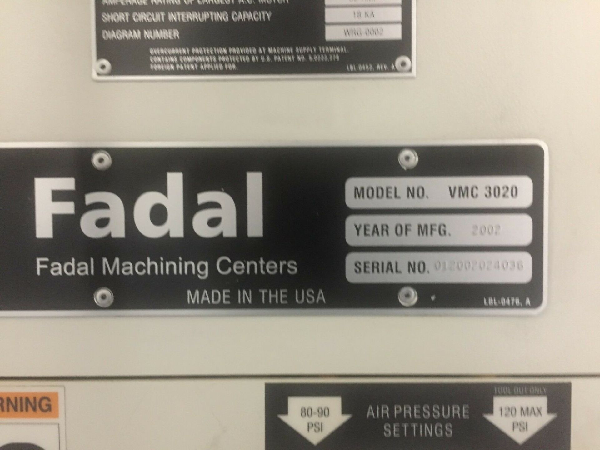 2002 FADAL 3020 VERTICAL MACHINING CENTER S/N 12002024036 Table Size 20" x 40.5", Max. Weight on - Image 9 of 9