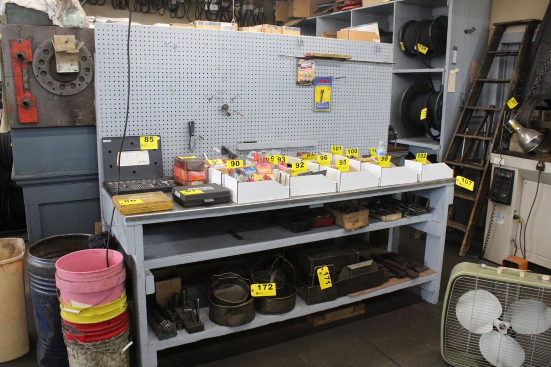 82"X27"X35" STEEL TOP WORKBENCH WITH SHELVES AND PEGBOARD