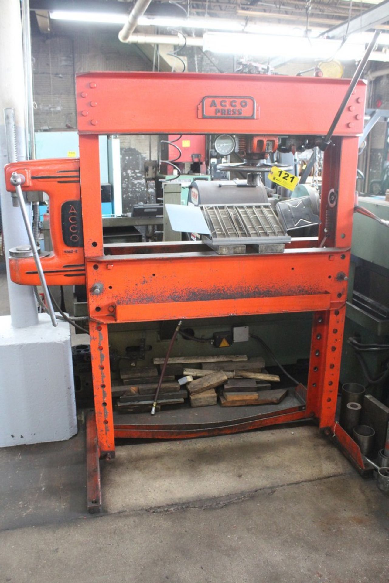 Acco 70 Ton H-Frame Hydraulic Shop Press, 44” Between Housings, 14” Wide Adjustable Bed, Pump