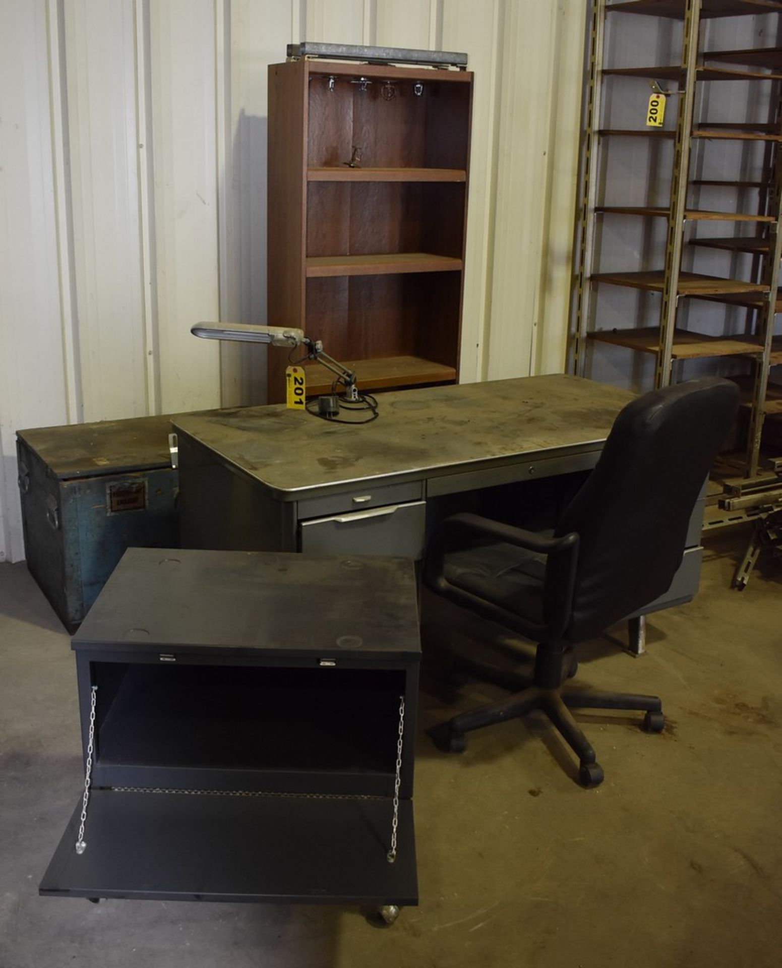 (Lot) Office Furniture: Steel Desk & Chair - Wood Display Cabinet - Desk Light - Portable File