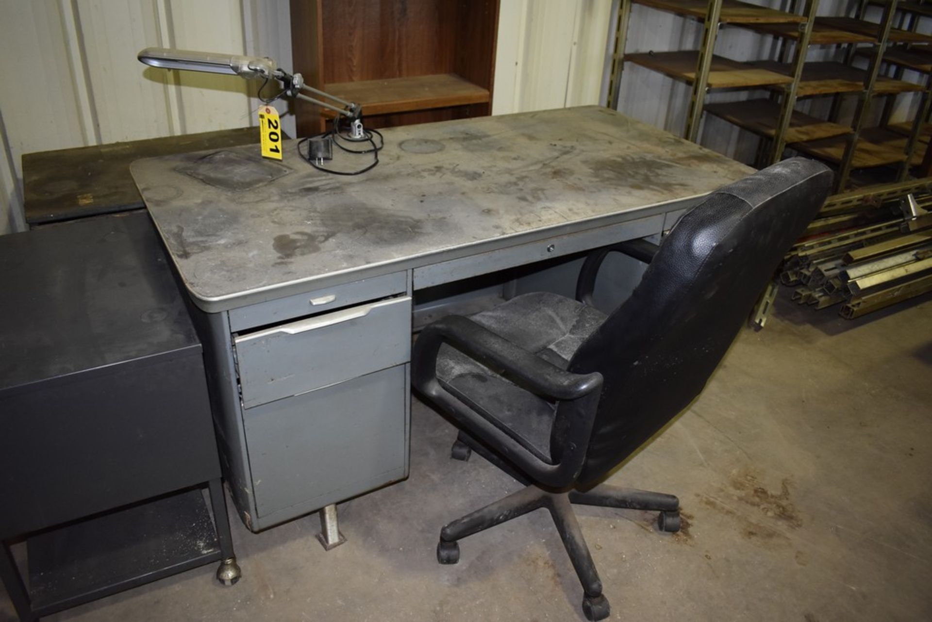 (Lot) Office Furniture: Steel Desk & Chair - Wood Display Cabinet - Desk Light - Portable File - Image 2 of 5