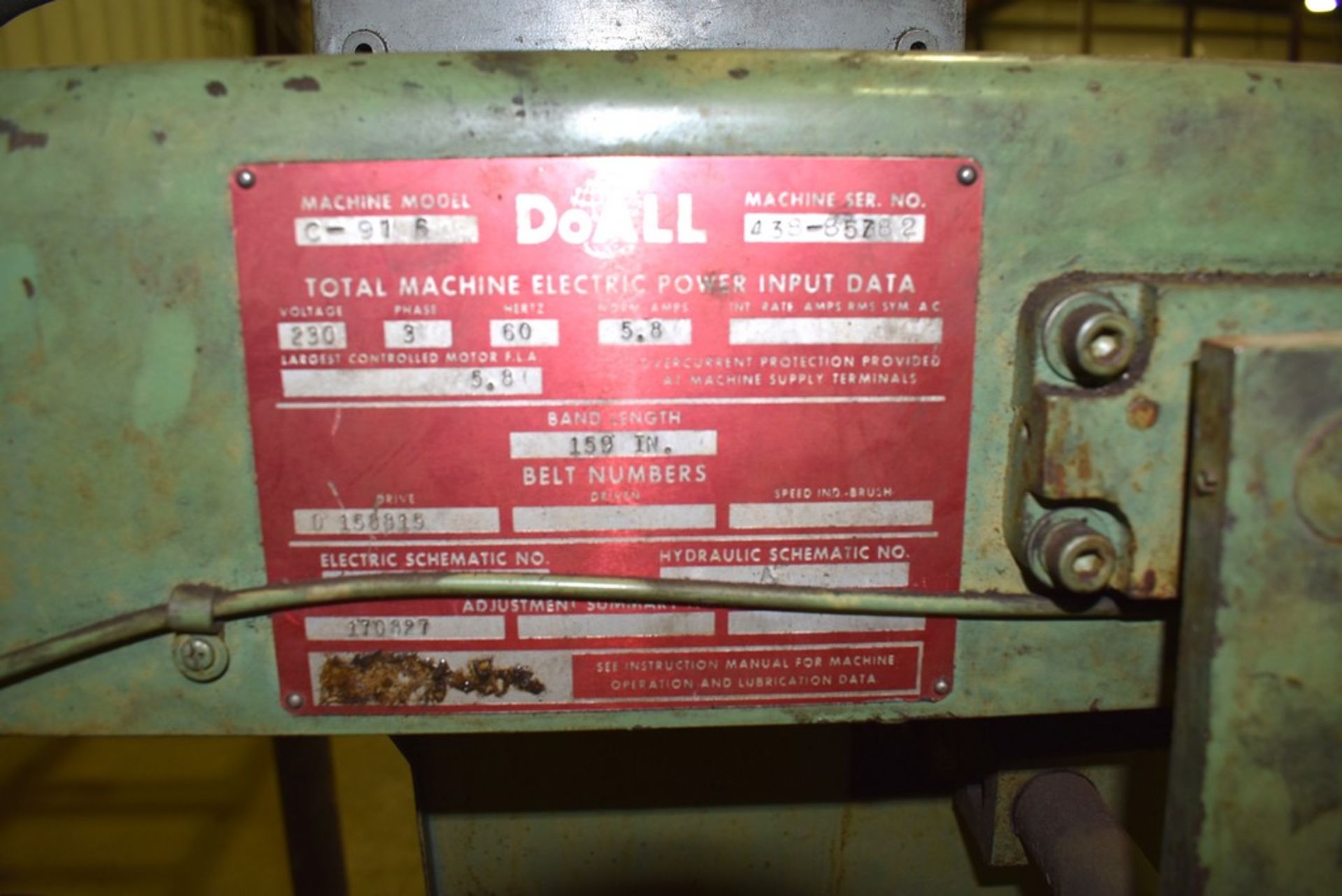 Do All Model C-916 Horizontal Bandsaw, Serial Number: 438-85782 ( New 1985), 9" x 16" Capacity - ( - Image 2 of 9