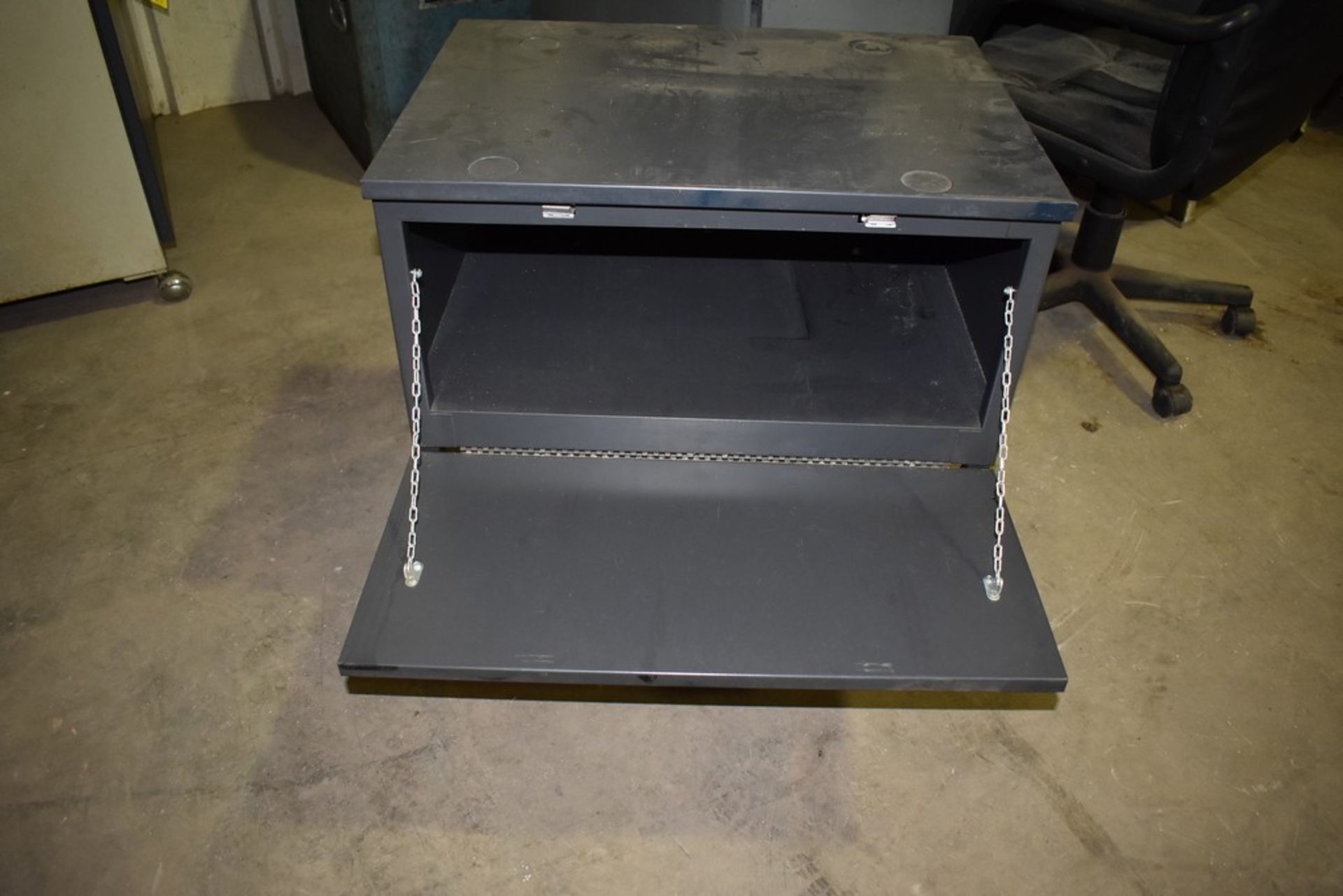 (Lot) Office Furniture: Steel Desk & Chair - Wood Display Cabinet - Desk Light - Portable File - Image 3 of 5