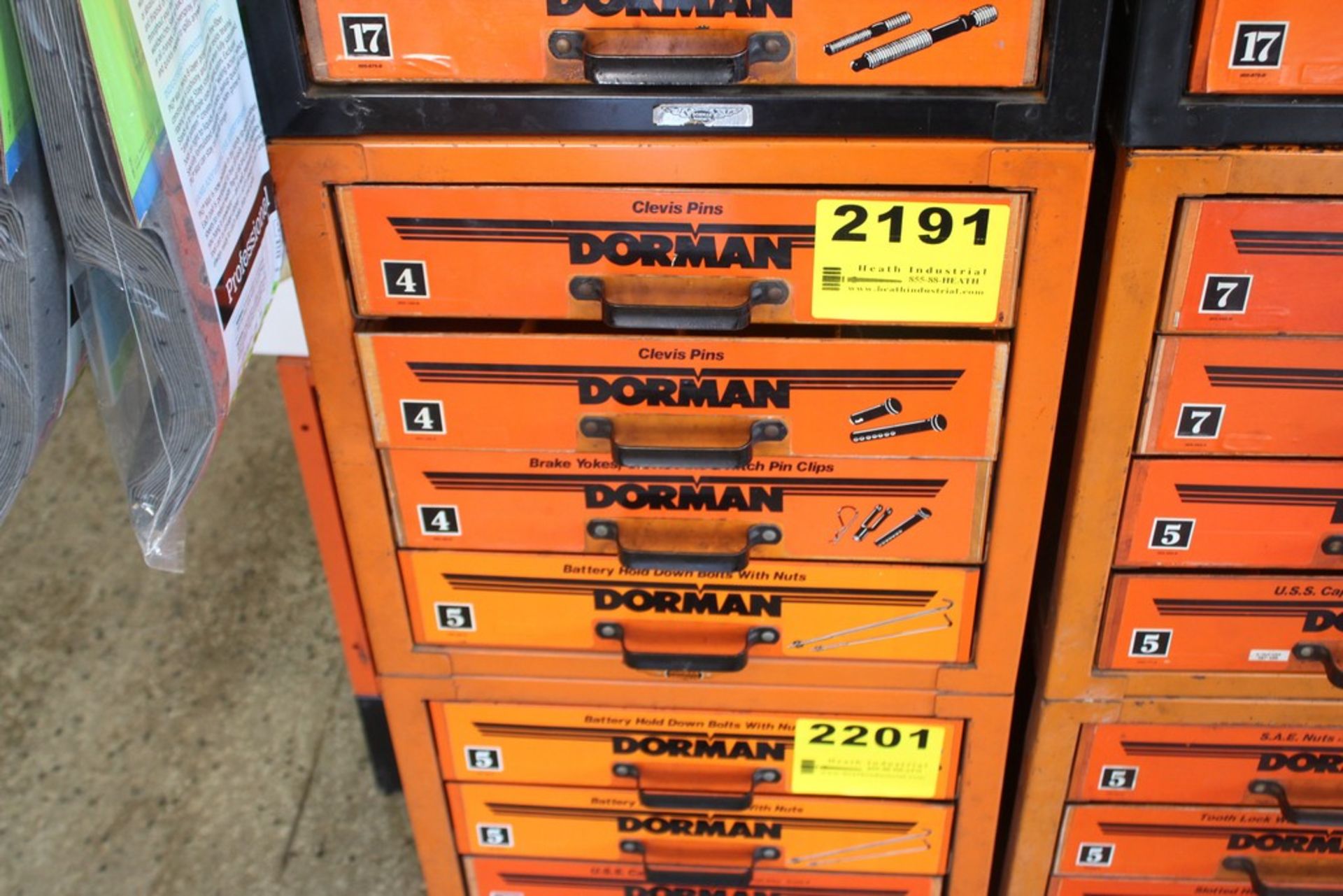 DORMAN FOUR DRAWER CABINET, CONTENTS INCLUDES CLEVIS PINS, BRAKE YOKES AND HOLD DOWNS