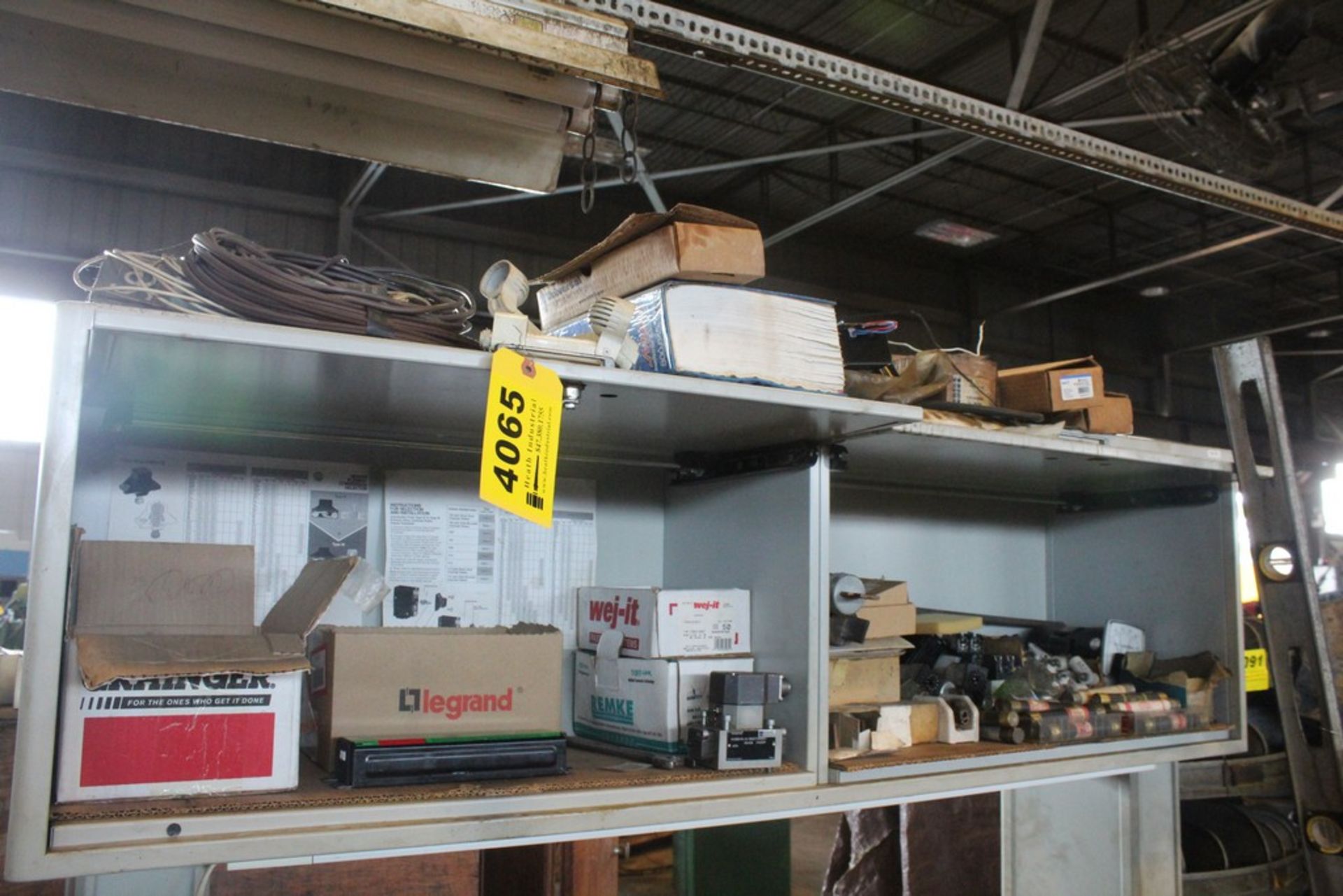 ASSORTED ELECTRICAL SUPPLIES AND PARTS ON TWO SHELVES