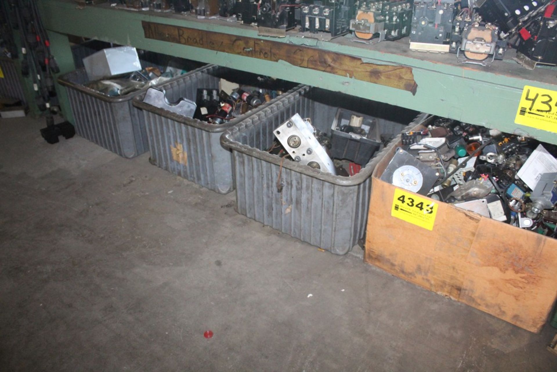 ASSORTED ELECTRICAL PARTS IN (3) BINS & (1) BOX