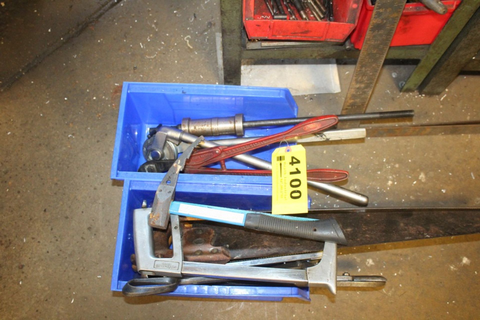 ASSORTED TOOLS IN TWO BINS (SAWS, TUBING BENDER, BOLT CUTTER, ETC)