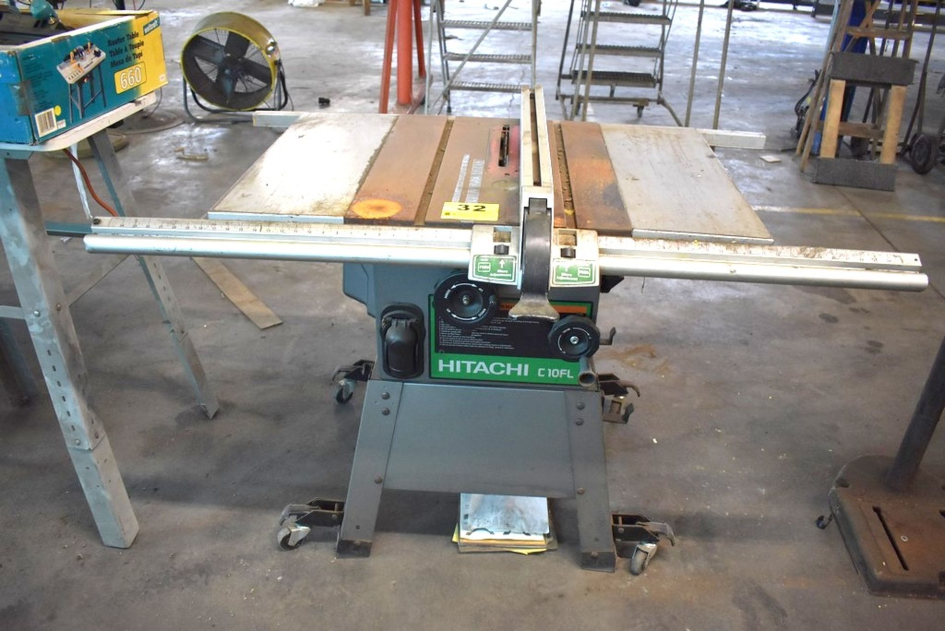 HITACHI C10FL 10" TABLE SAW, MOBILE BASE, TABLE EXTENSIONS, EXTENDED FENCE SYSTEM