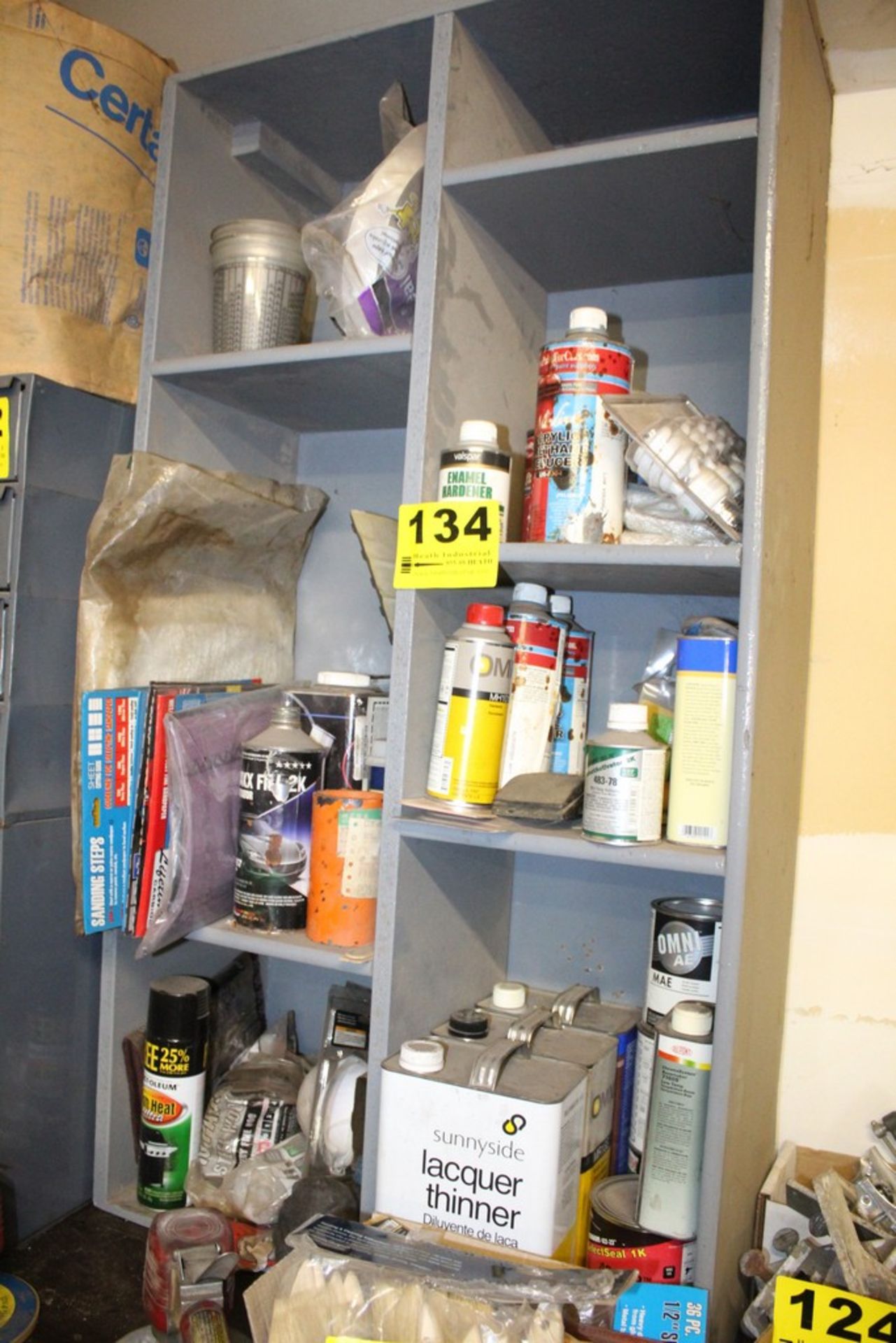 ASSORTED BODY WORK SUPPLIES WITH SHELVING UNIT