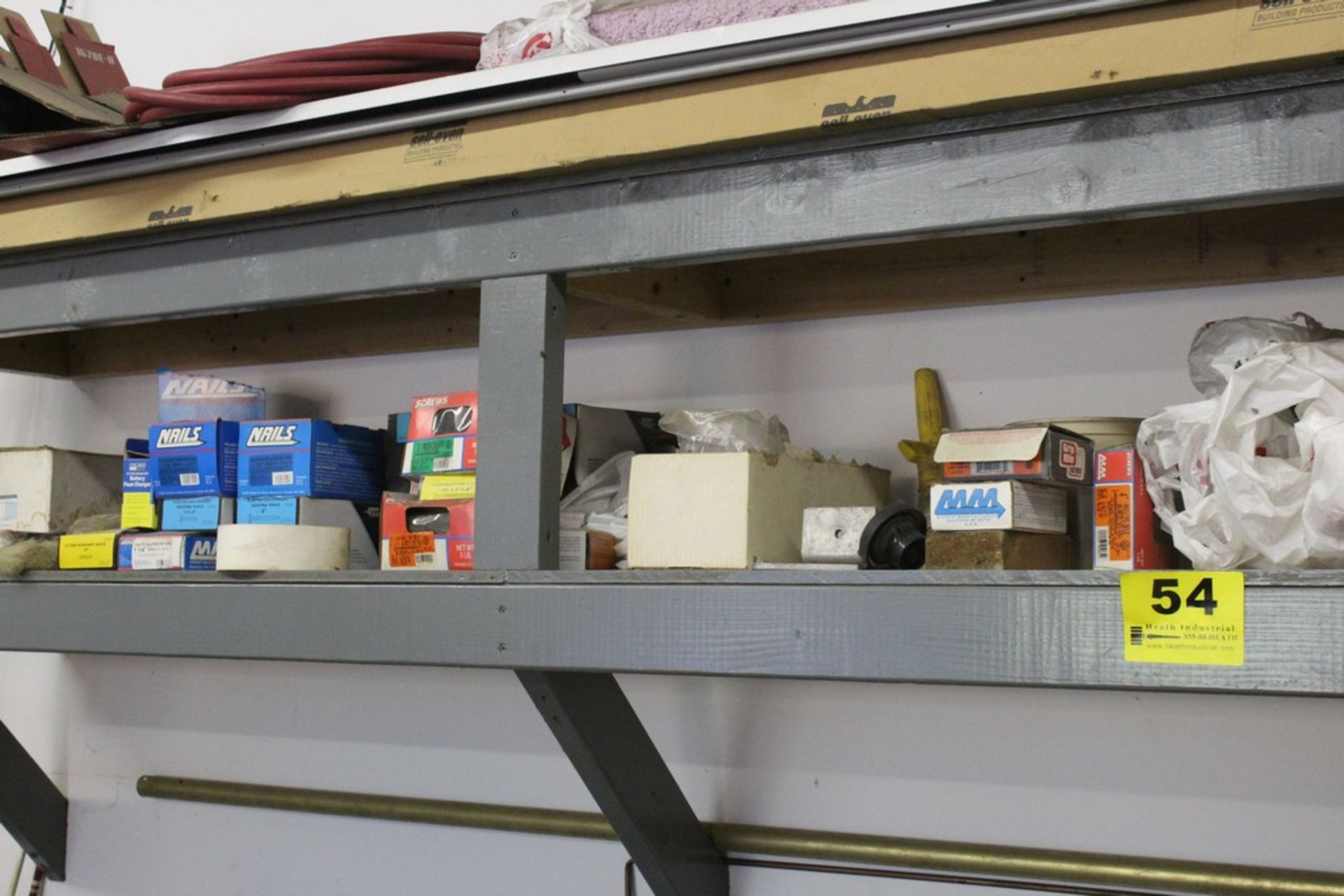 ASSORTED HARDWARE AND MISC. ON LOWER SHELF