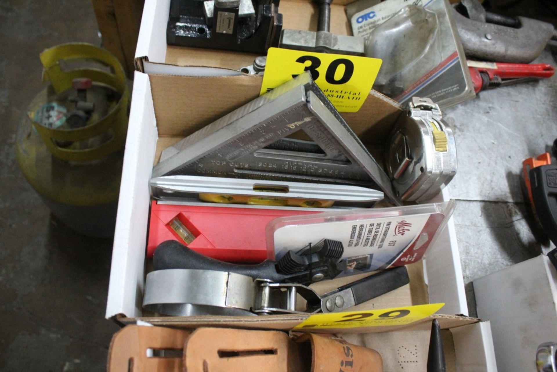 ASSORTED SPEED SQUARES, FILTER WRENCH, TAPE MEASURE, ETC.