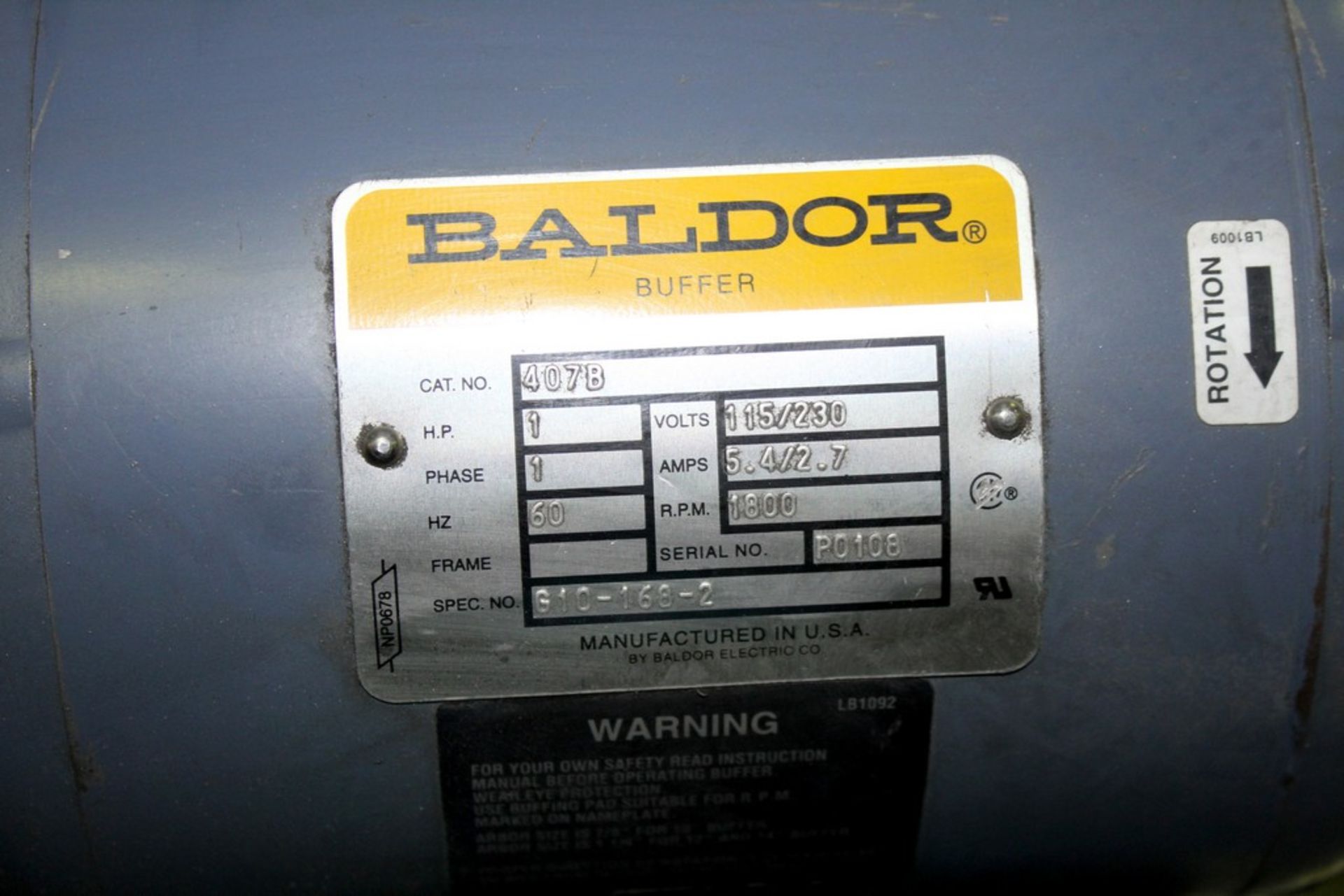 BALDOR 1HP DOUBLE END PEDESTAL BUFFER/GRINDER - Image 2 of 2