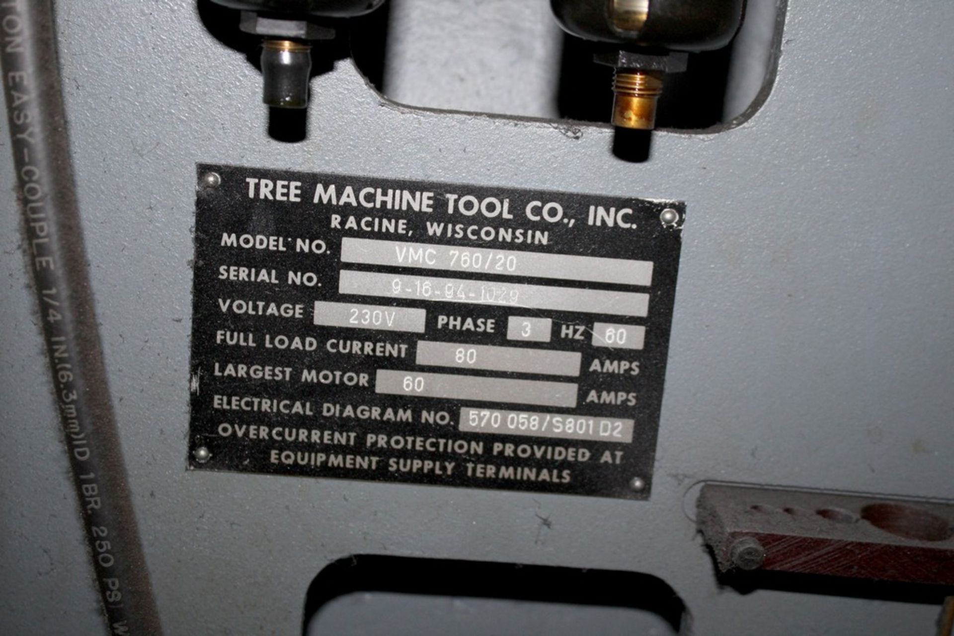 TREE MODEL VMC760/20 CNC VERTICAL MACHINING CENTER, S/N 9-16-94-1029 22” X-AXIS TRAVEL, 16” Y-AXIS - Image 9 of 10