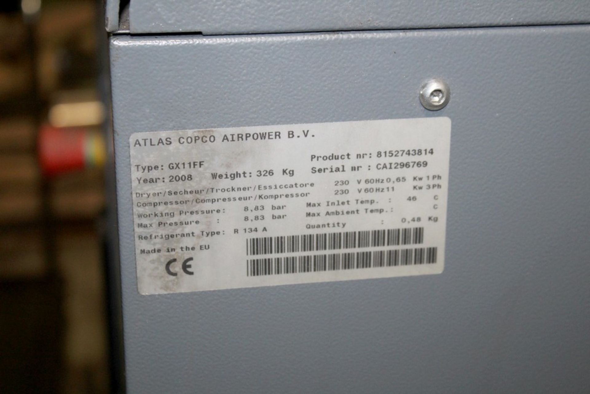 ATLAS COPCO 15 HP MODEL GX11FF SCREW TYPE AIR COMPRESSOR, S/N CAI296769 (NEW 2008), 19,633 HOURS - Image 2 of 3