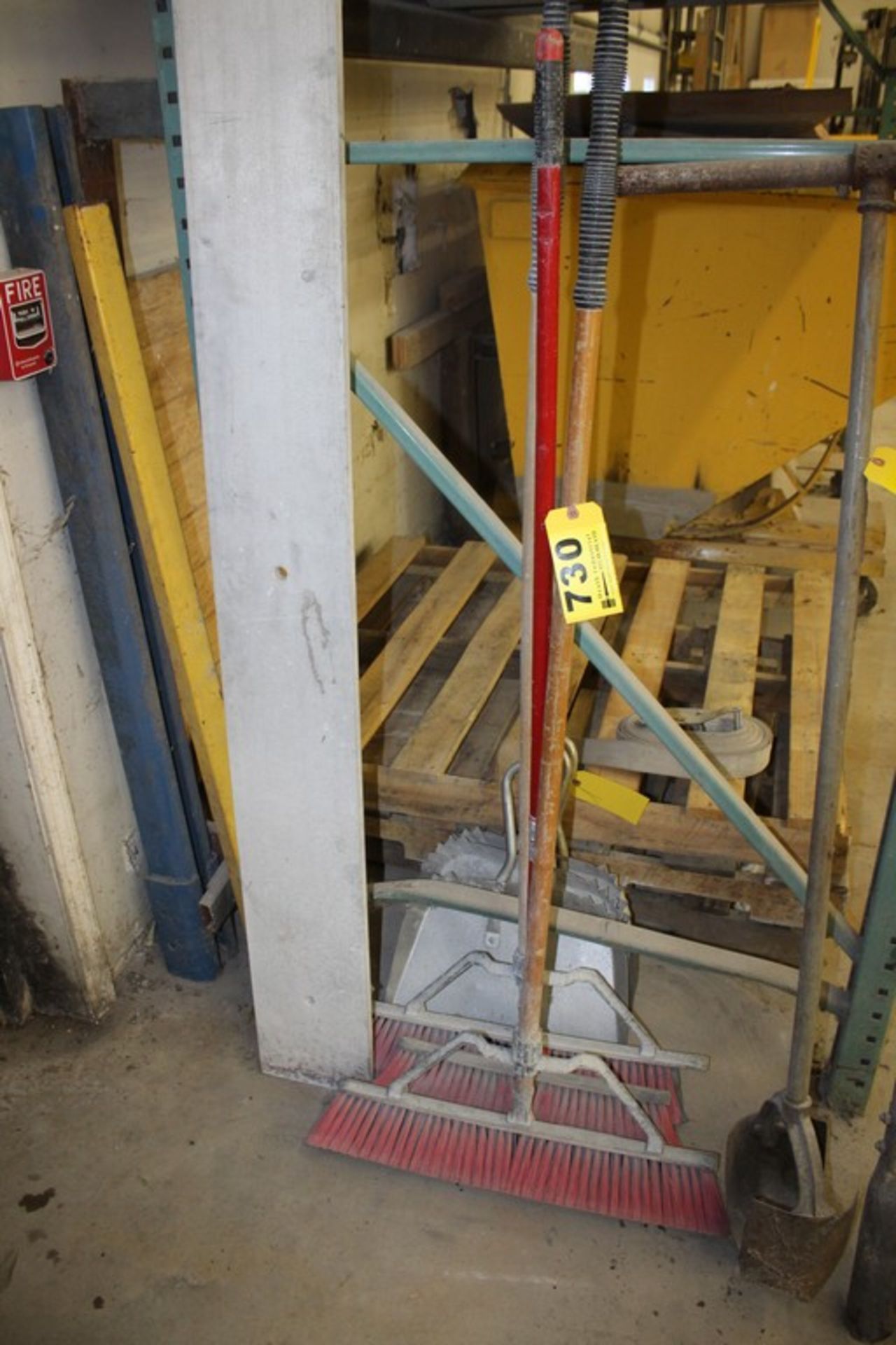 ASSORTED BROOMS AND DUST PANS