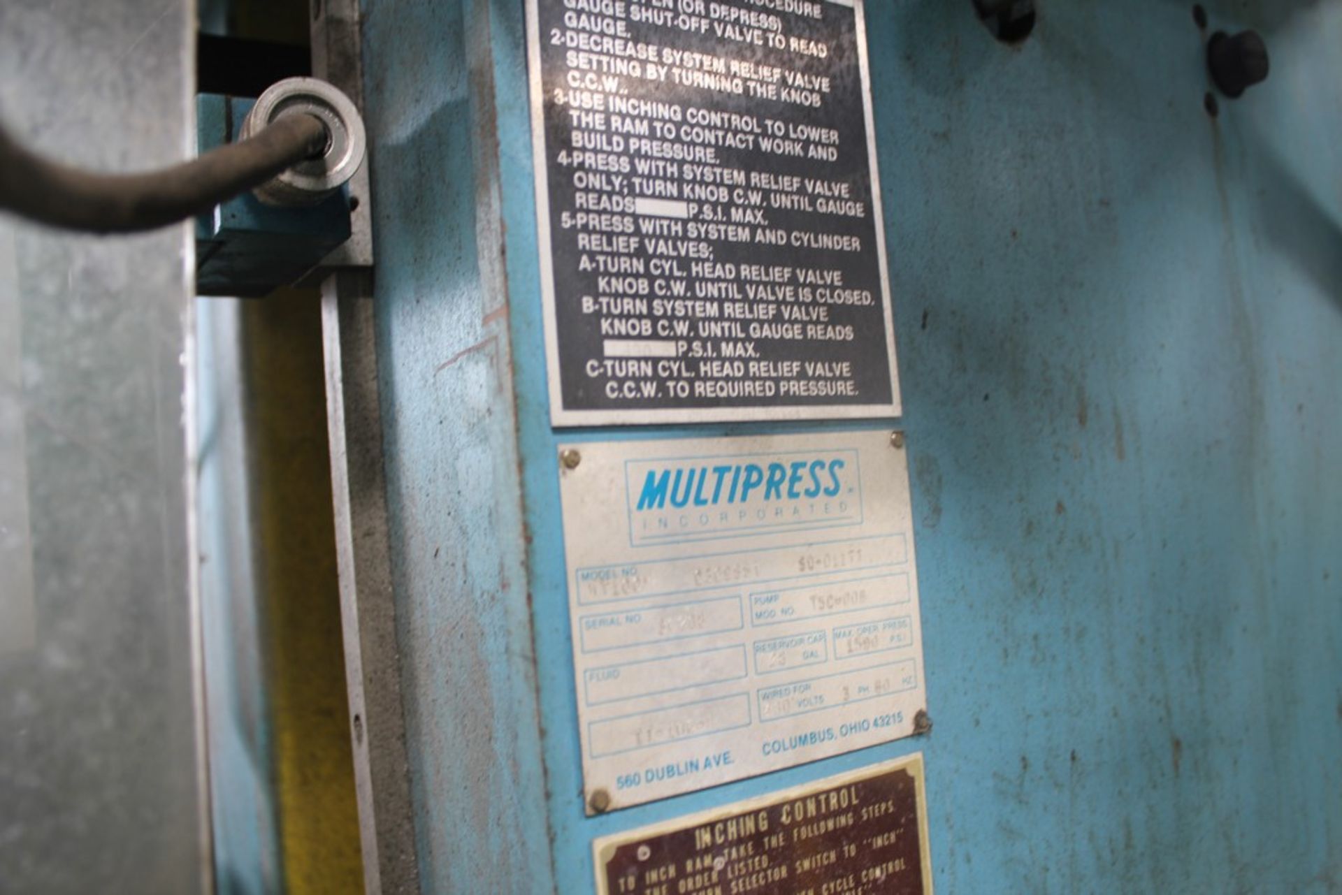 MULTIPRESS MODEL WT-100M 10 TON HYDRAULIC PRESS, WITH MODEL IT-103 INDEX TABLE, S/N 30208 - Image 8 of 8
