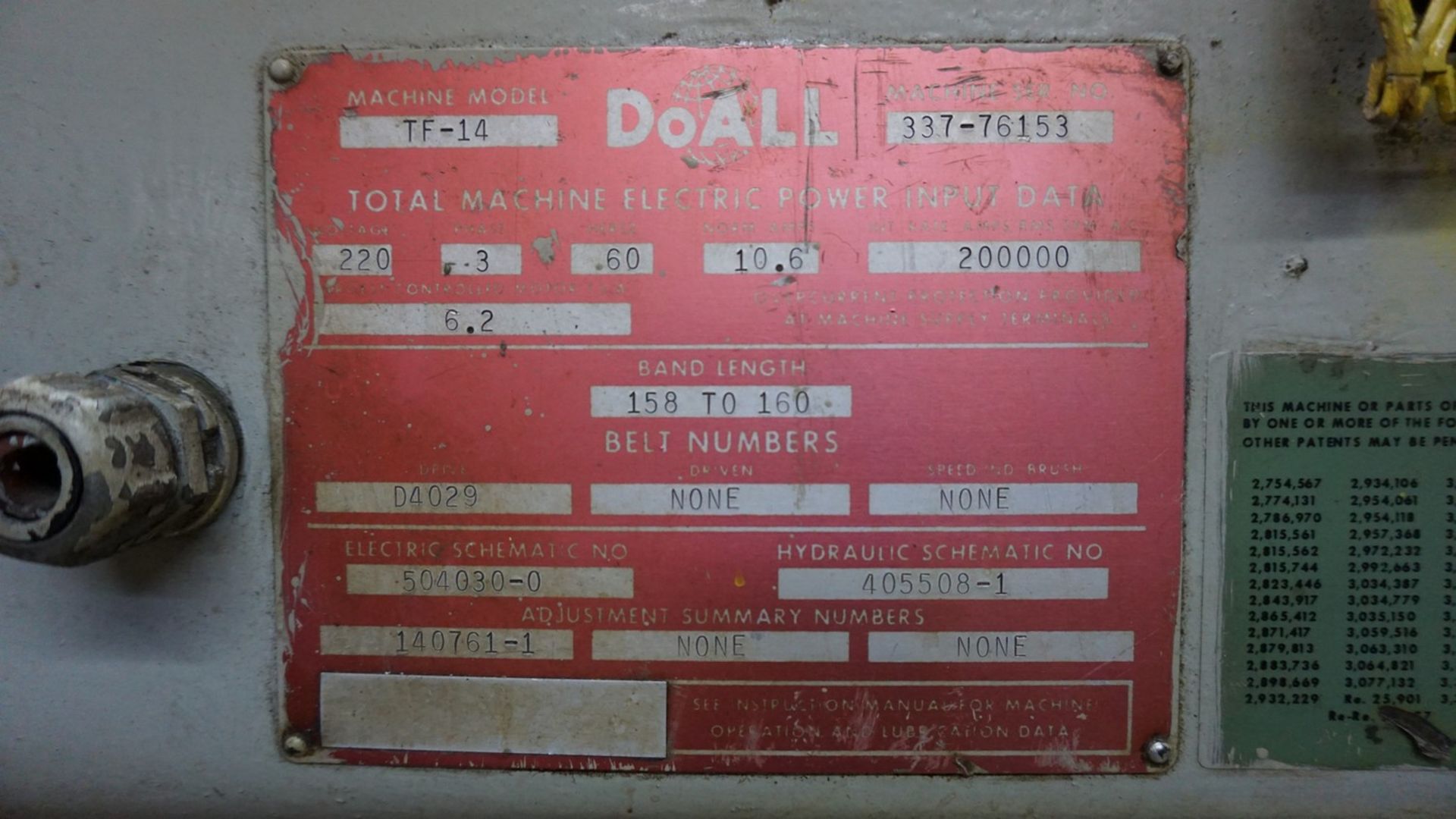 DoAll Model TF-14 Metal Cutting Vertical Band Saw Serial Number: 337-76153, 220V with Transformer - Image 3 of 3