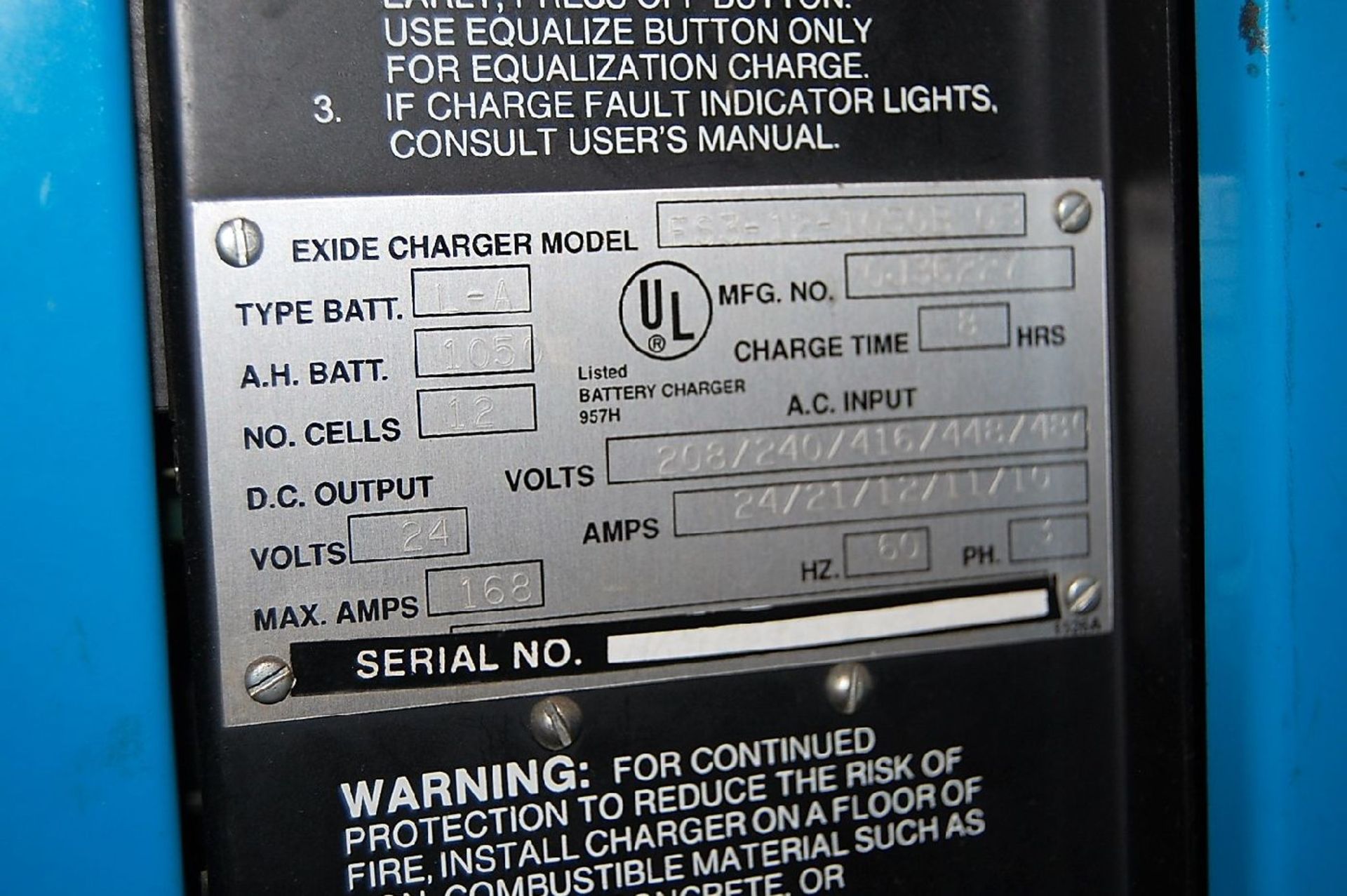 Exide Model ES-12-1050B-03 Type L-A; 12 Cell / 24 Volt Battery Charger - Image 3 of 4