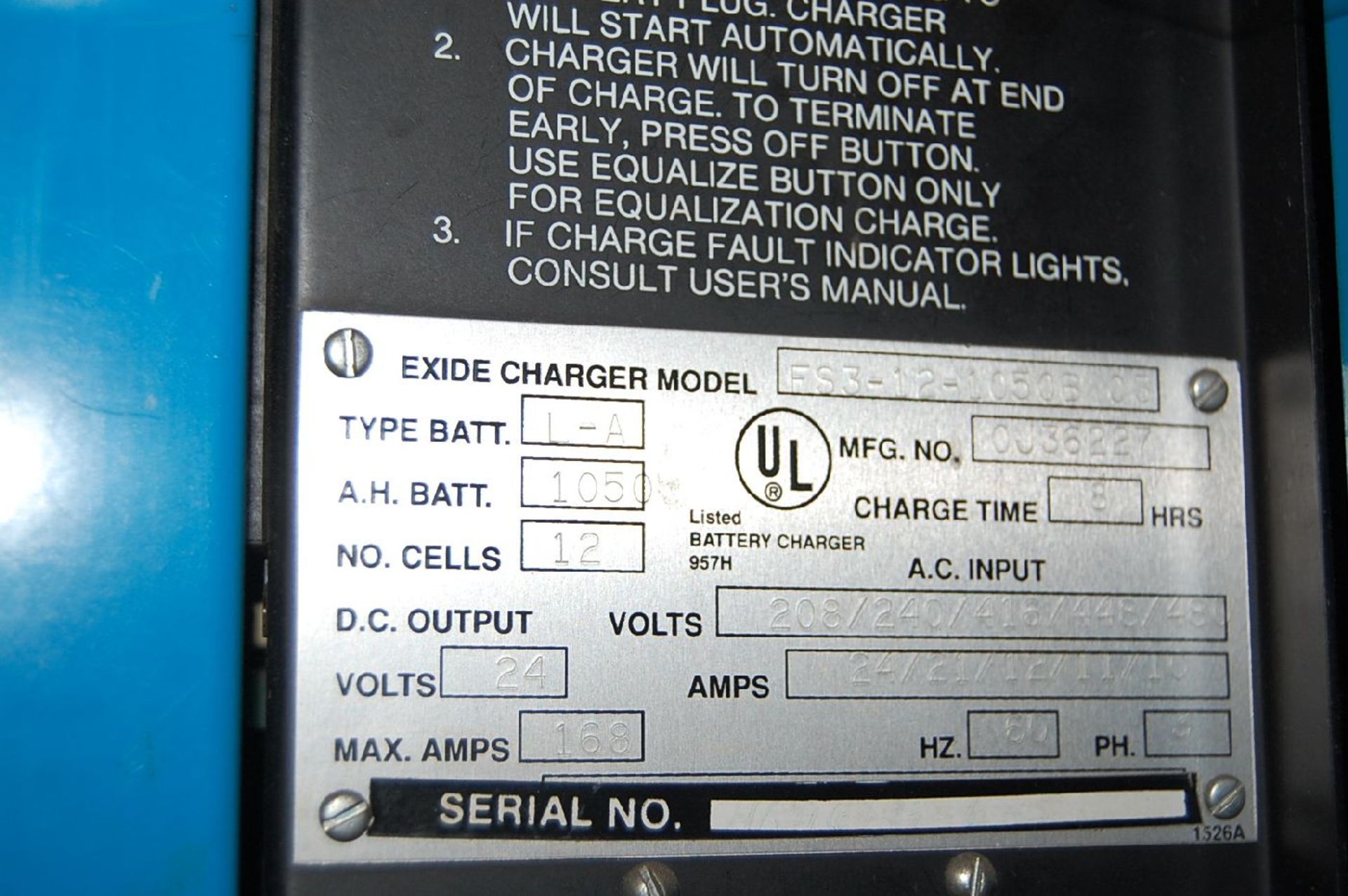 Exide Model ES-12-1050B-03 Type L-A; 12 Cell / 24 Volt Battery Charger - Image 4 of 4