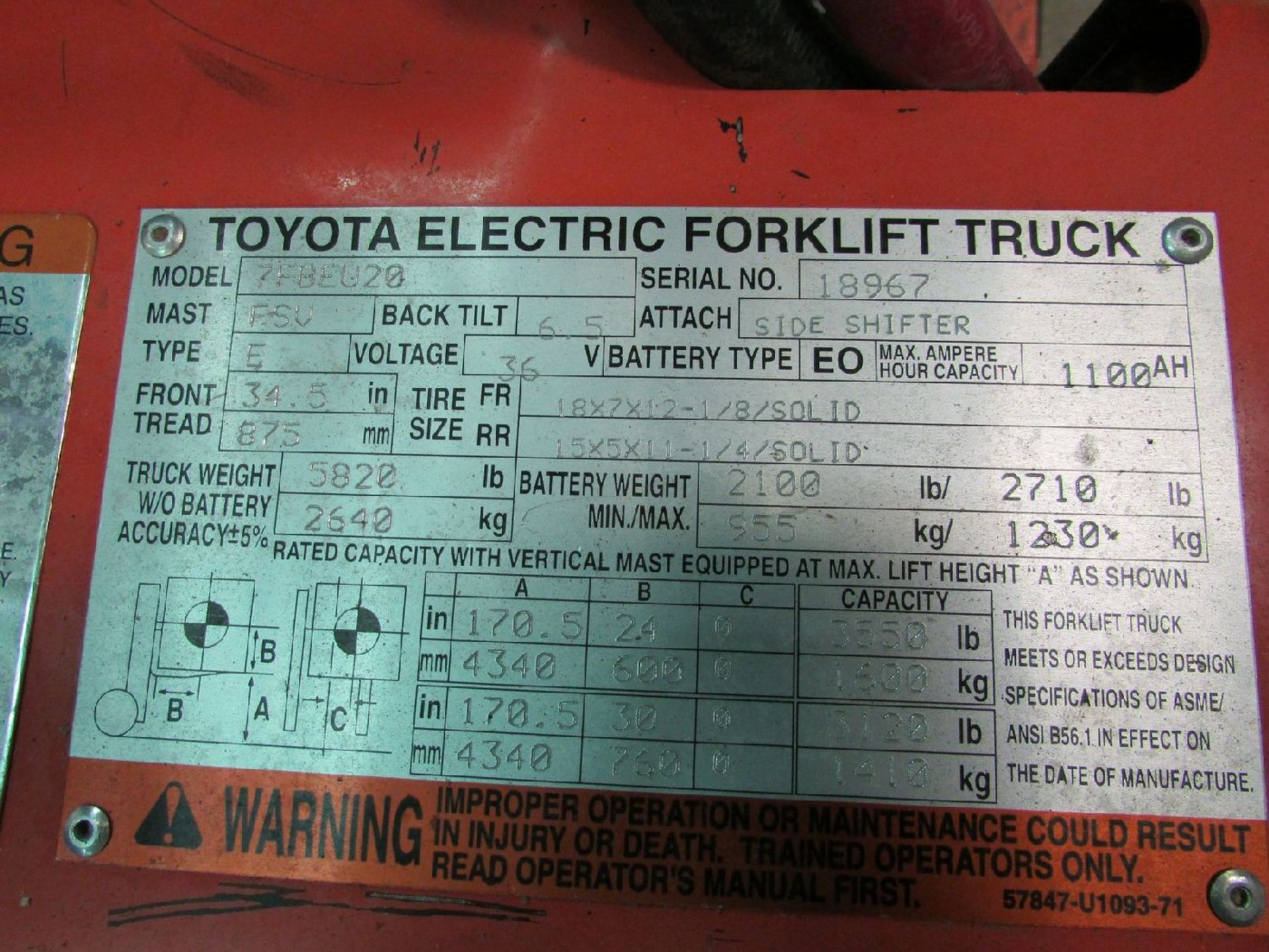 Toyota Model 7FBEU20 3-Wheel 3550 Lb. Electric Forklift Truck - Image 11 of 11