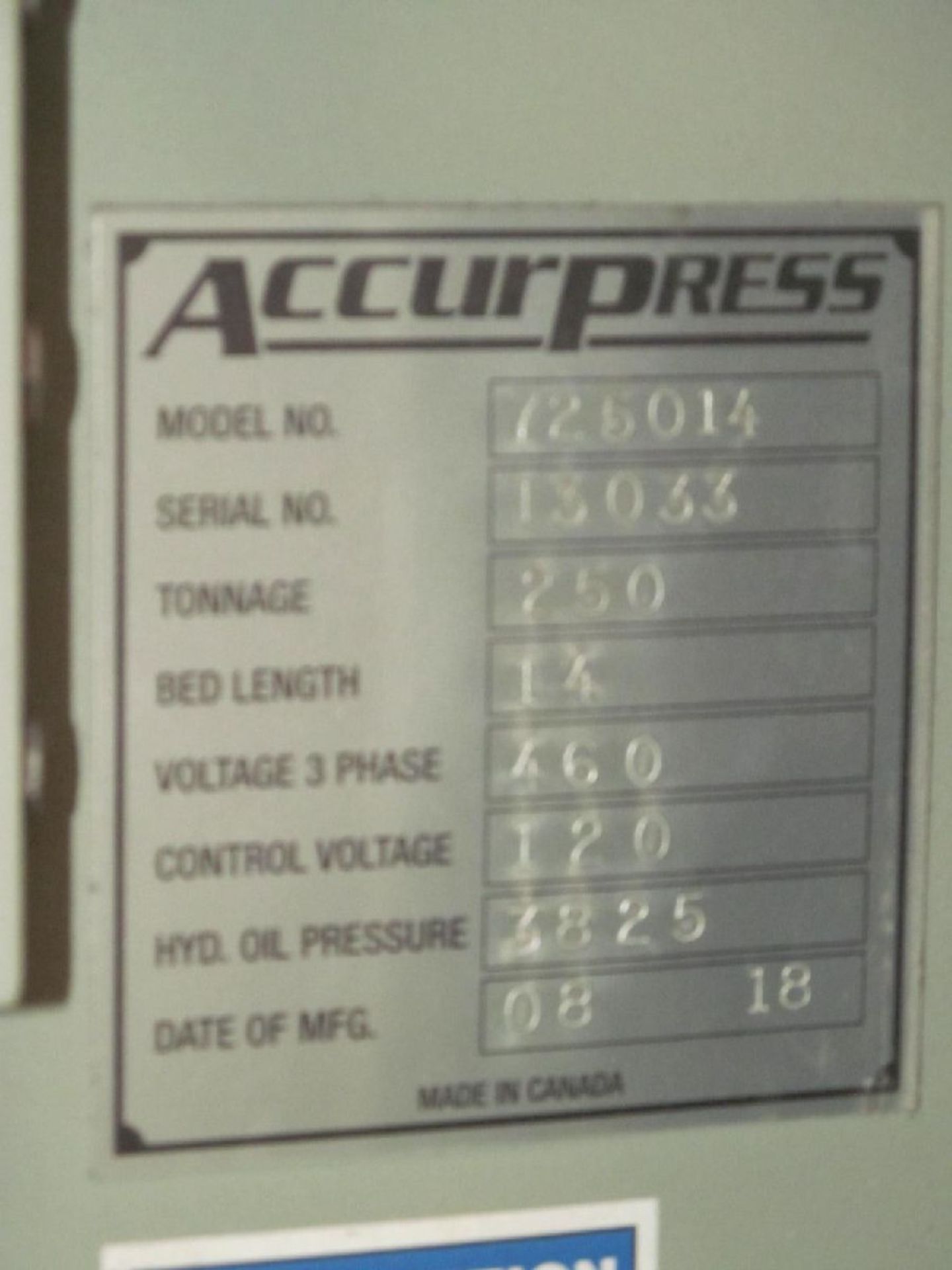 Accurpress Model 725014 250-Ton x 14', 6-Axis Hydraulic CNC Press Brake - Image 14 of 14