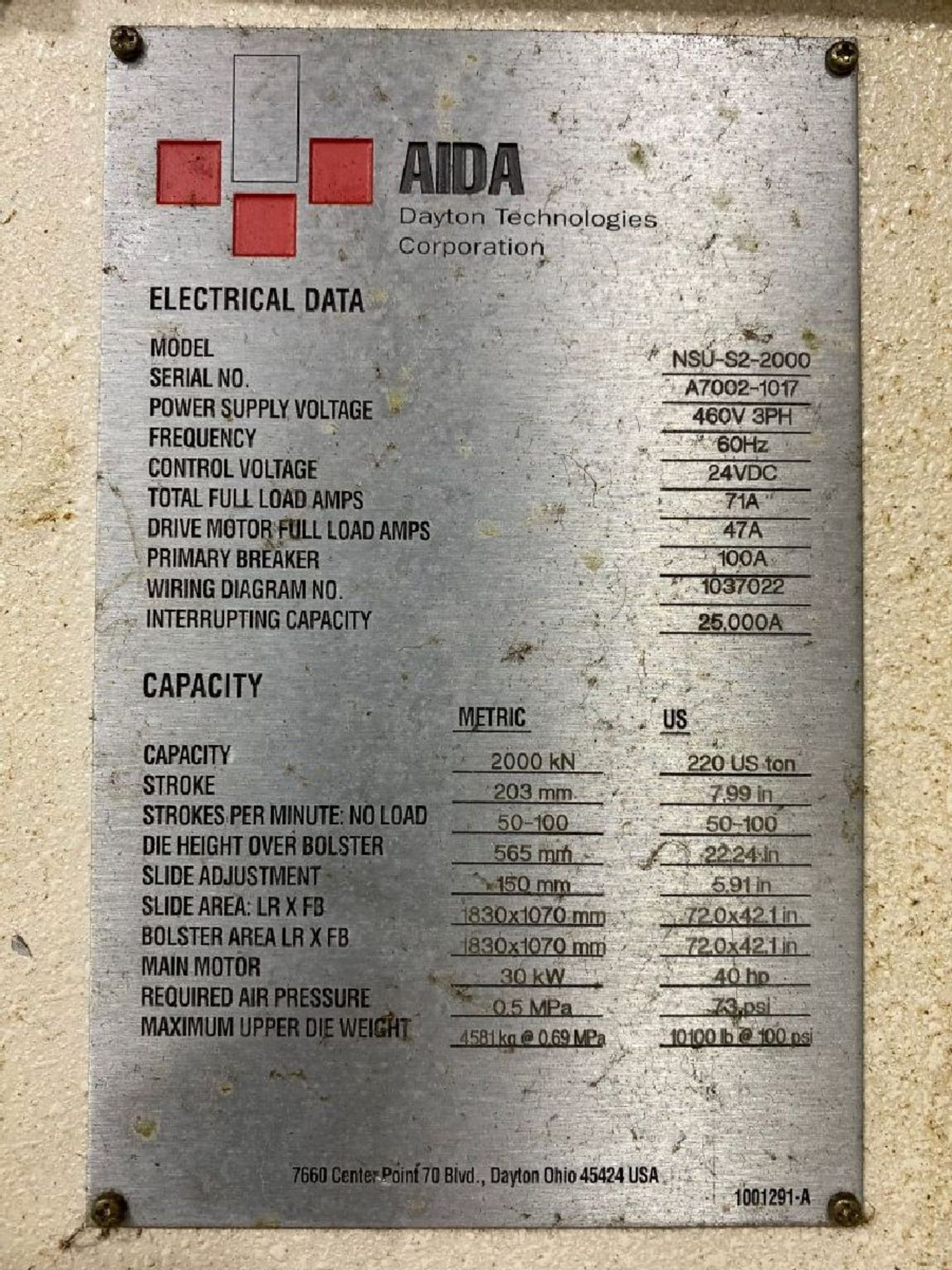 Aida Model NSU-S2-200 220 Ton Straight Side Double Crank Press - Image 7 of 9