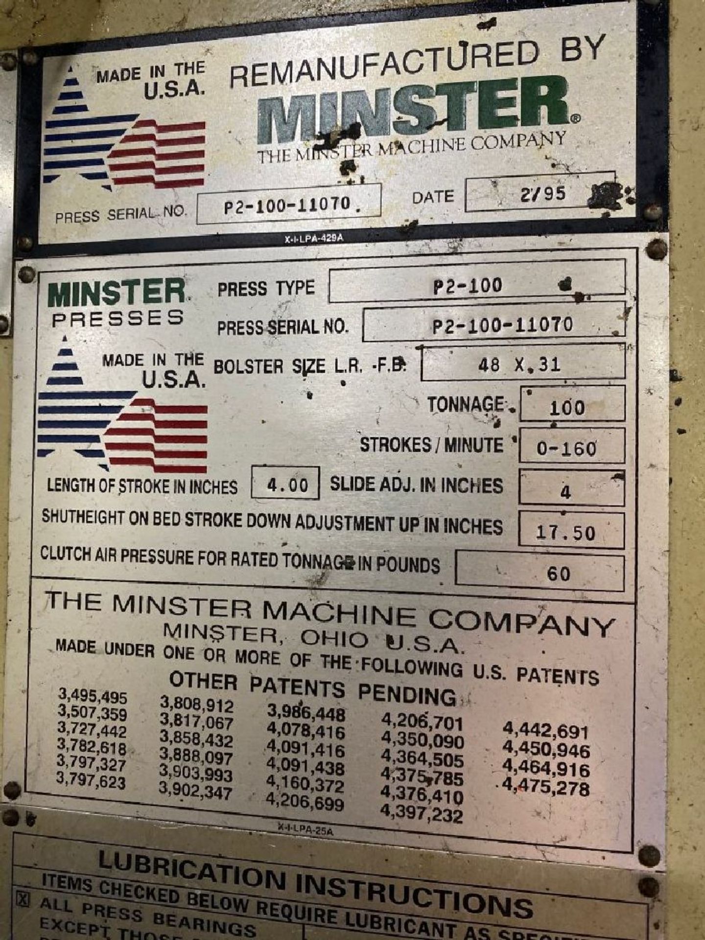 Minster Model P2-100-48 100 Ton Straight Side Double Crank Press - Image 7 of 10