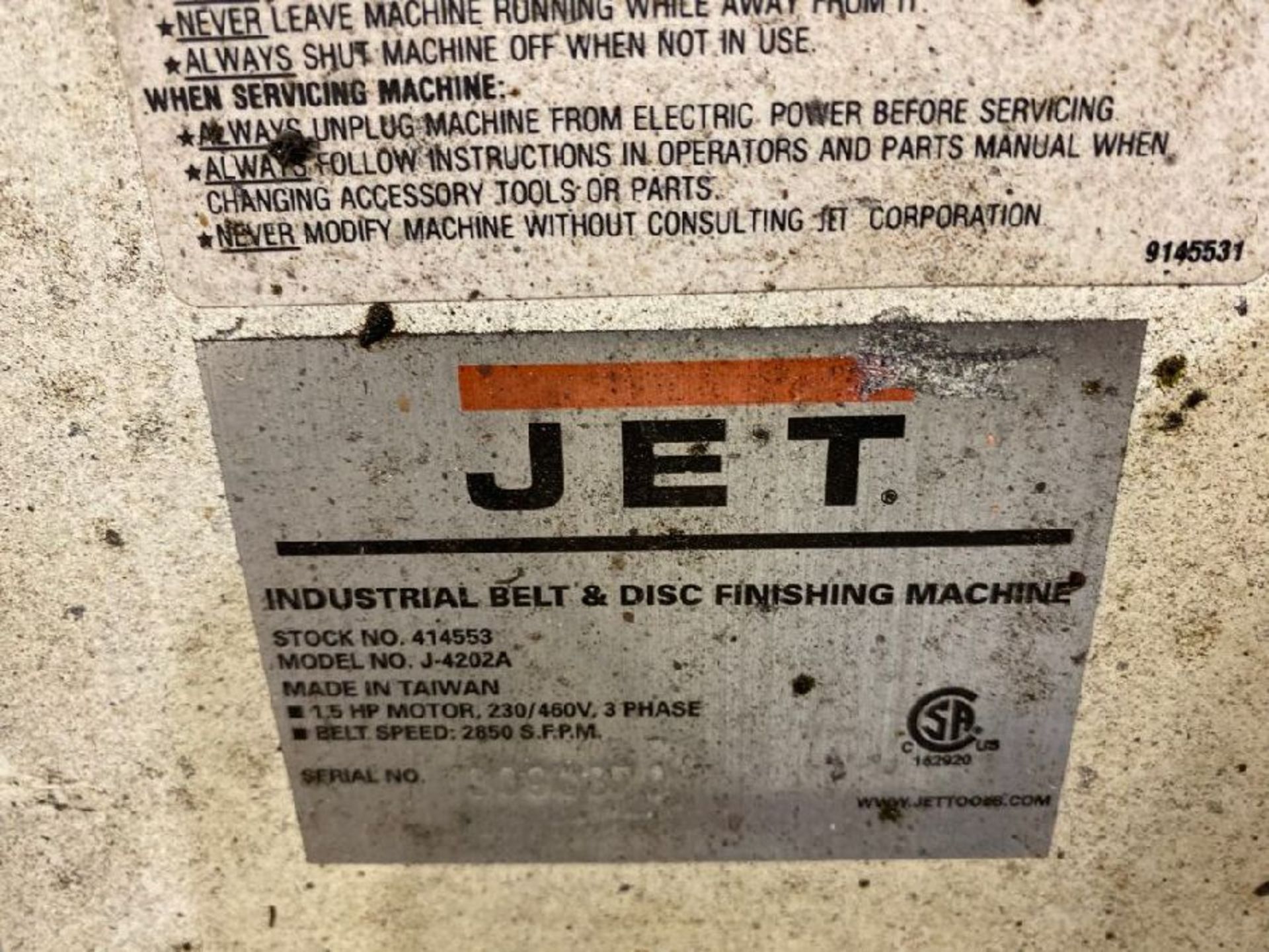 Jet Model J-4202A Combination 6"" Belt/ 12"" Disc Finisher - Image 4 of 4