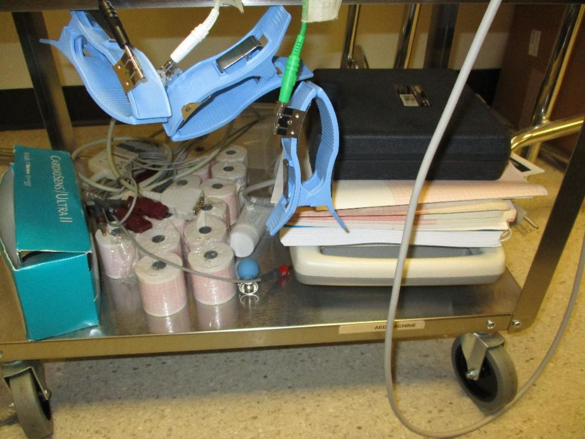 EKG Machine, cart and 3 bed side table trays - Image 4 of 5