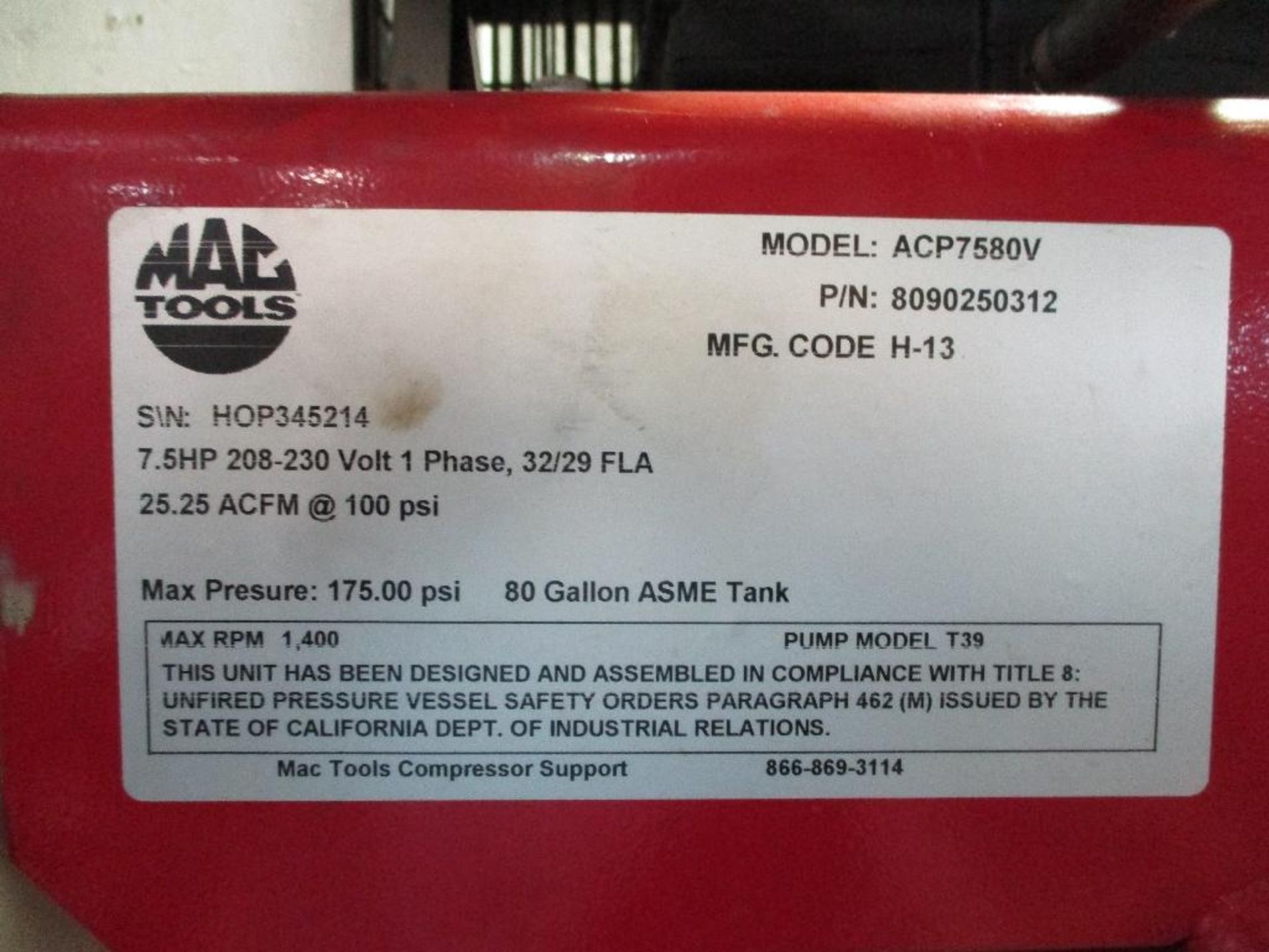 Mac 80gal Air compressor Model ACP75 80V 7.5 HP, 208-230 Volt 1 phase 175.PSI - Image 2 of 3