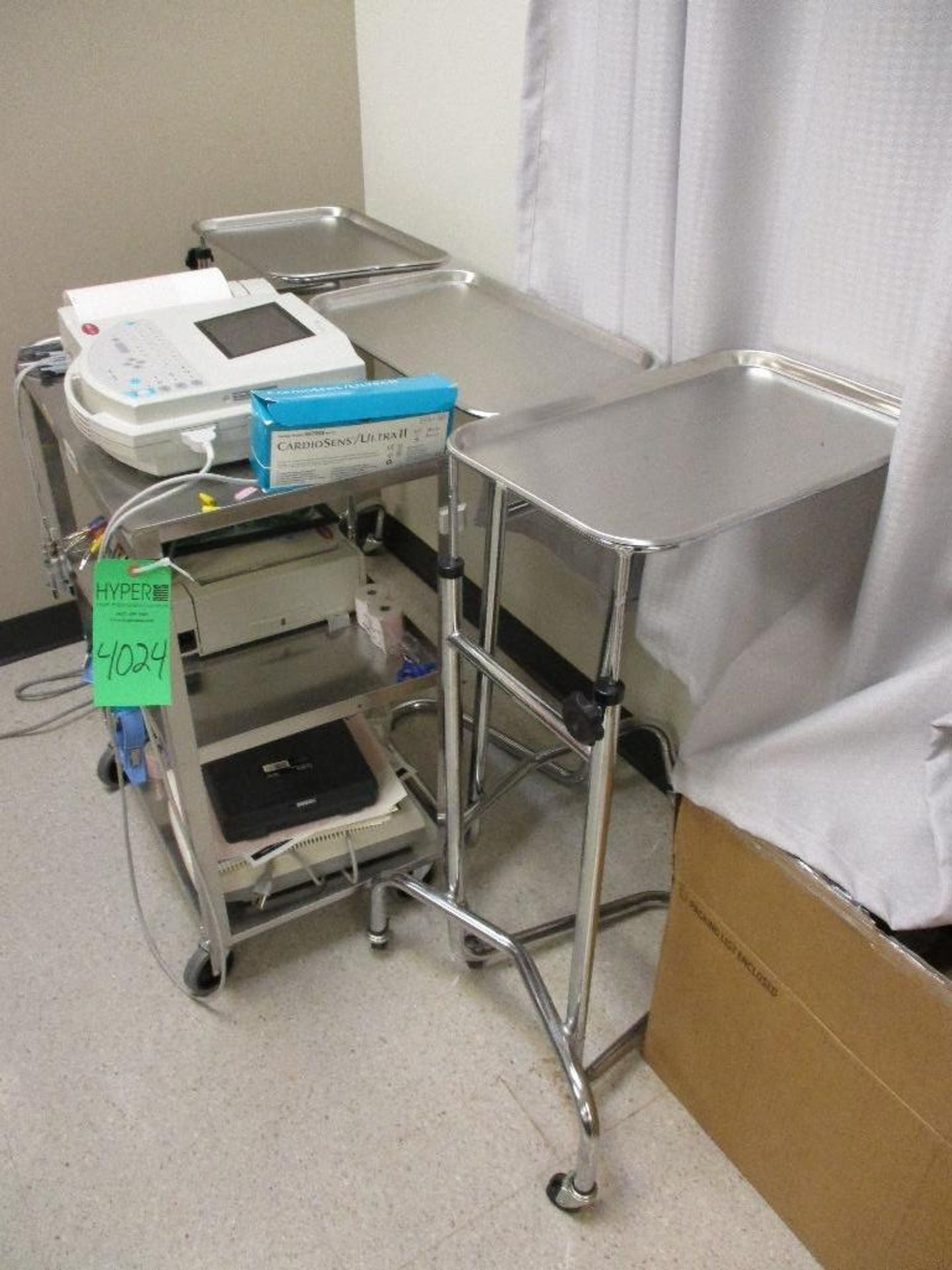 EKG Machine, cart and 3 bed side table trays - Image 5 of 5