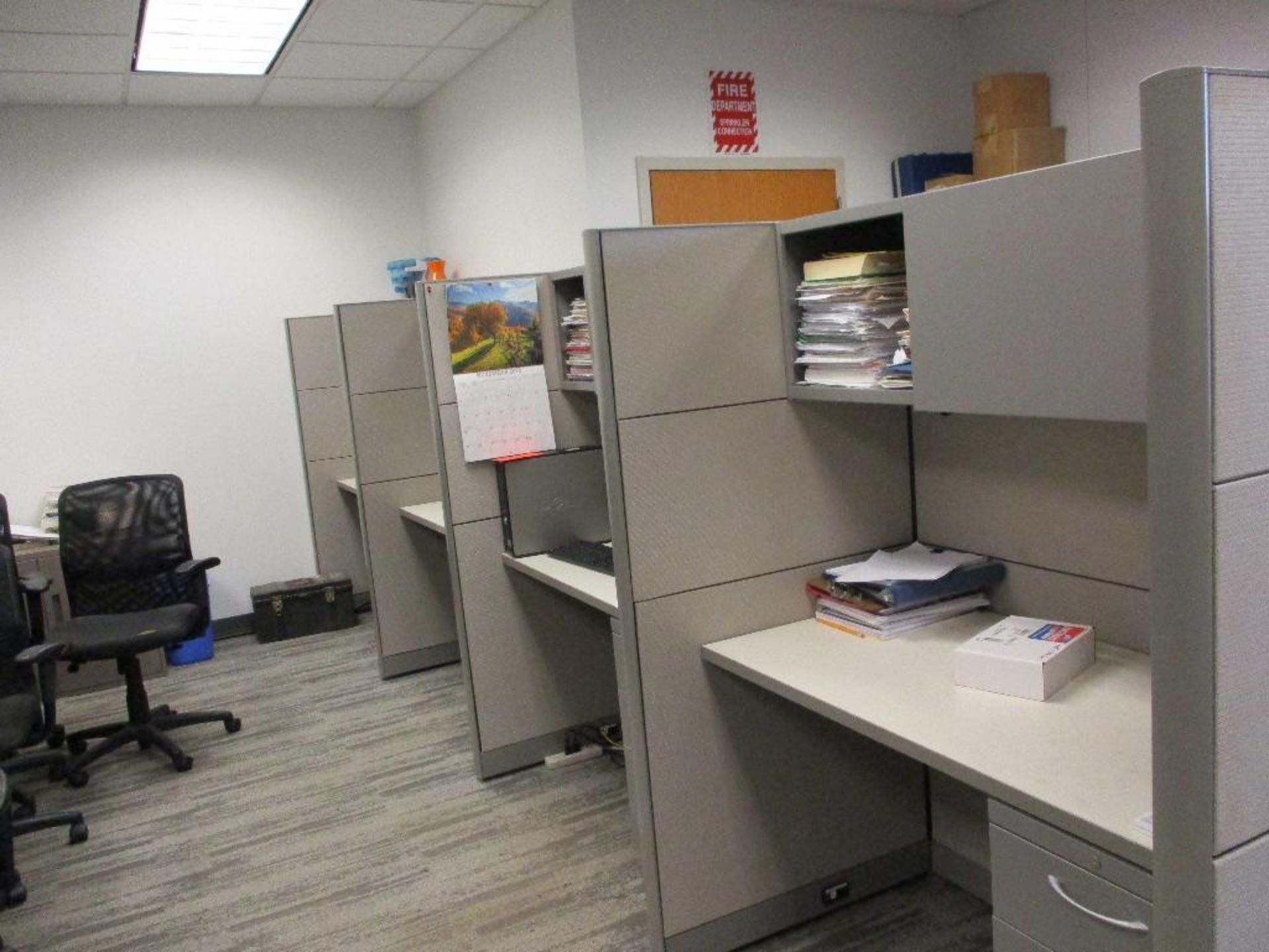 7 Cubical with desks and 3 drawer cabinets, 2 door short cabinet and contents, chair - Image 2 of 5