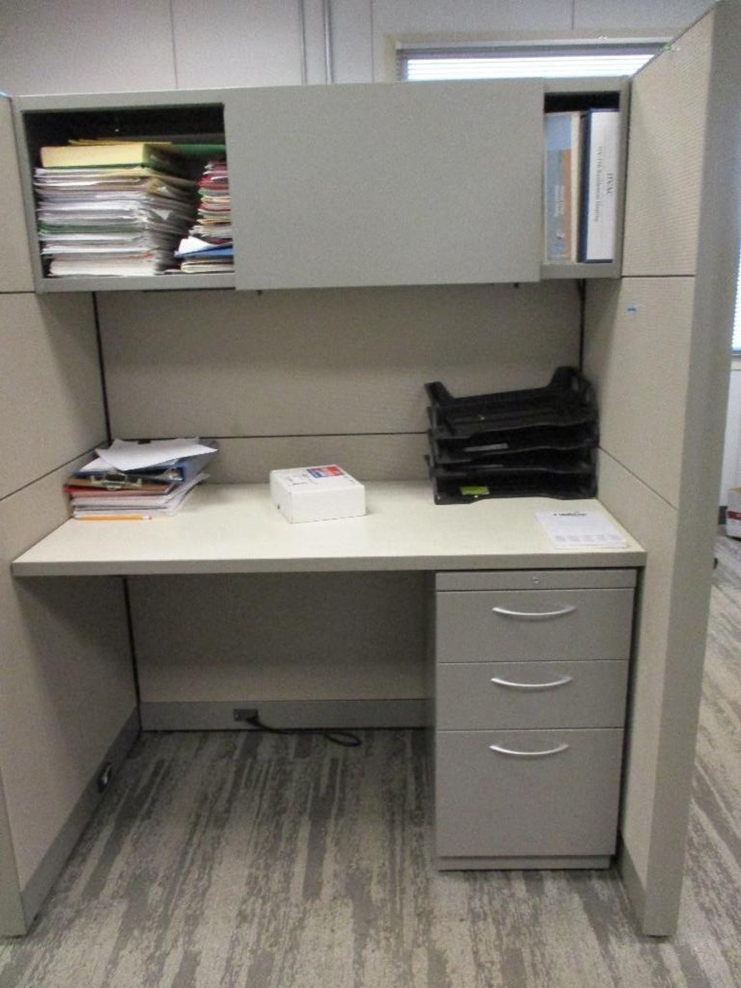 7 Cubical with desks and 3 drawer cabinets, 2 door short cabinet and contents, chair - Image 3 of 5