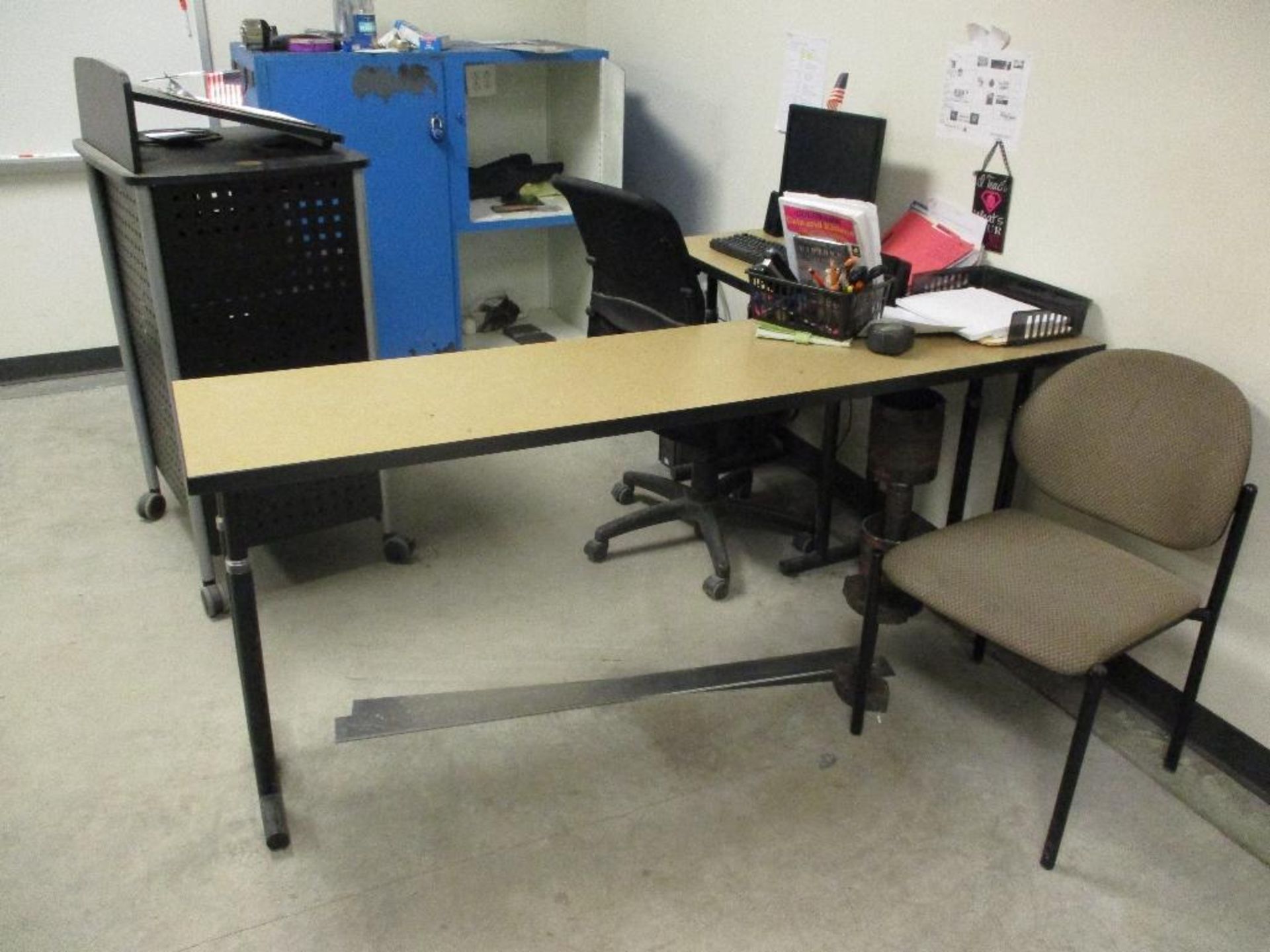 Computer, Monitor, Projector, Screen, White Board, Podium2 Door Blue wood cabinet rolling chair - Image 3 of 6