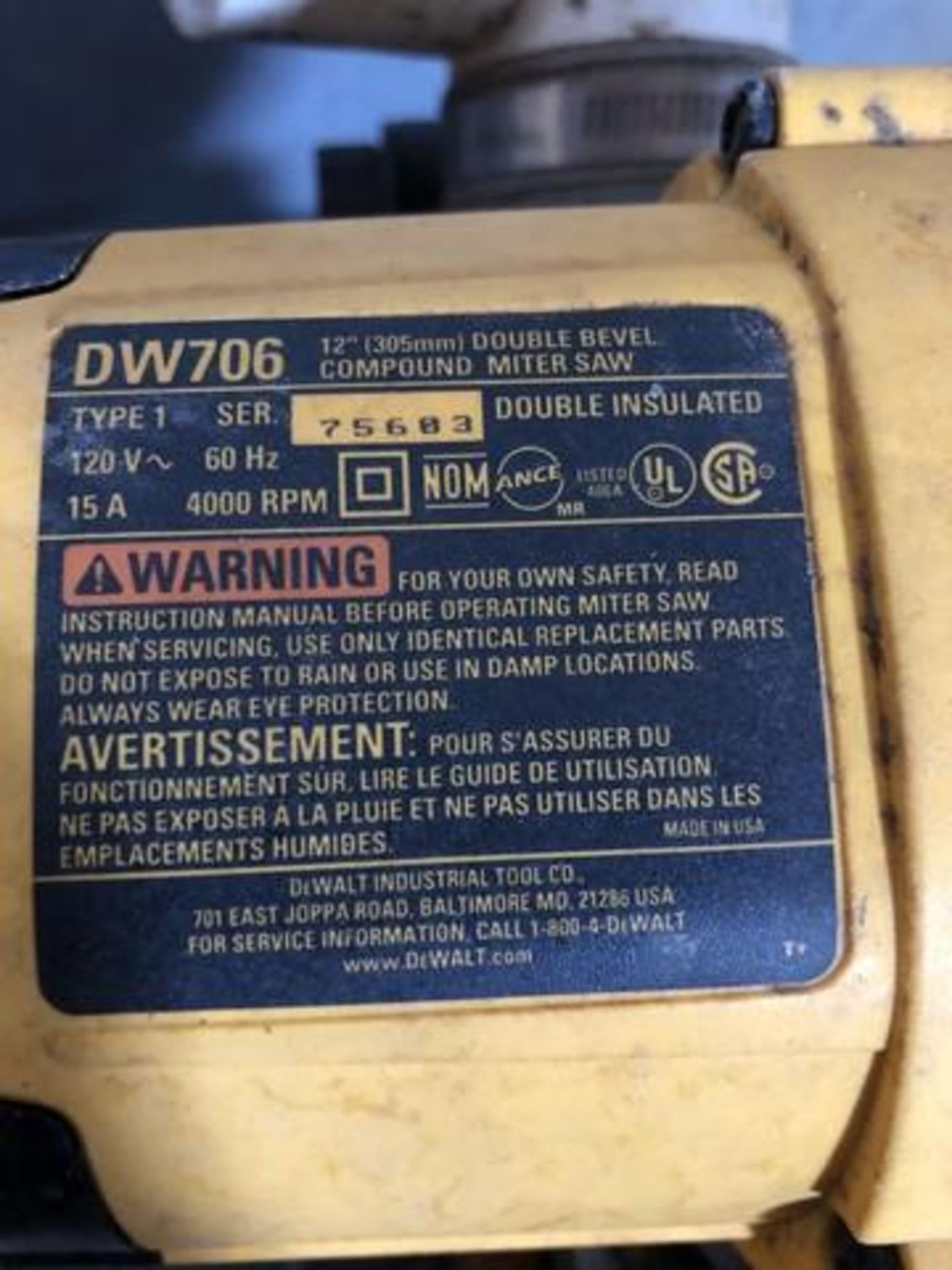 1ea Dewalt Table Saw Mdl - DW706 serie #75603 - Image 4 of 5