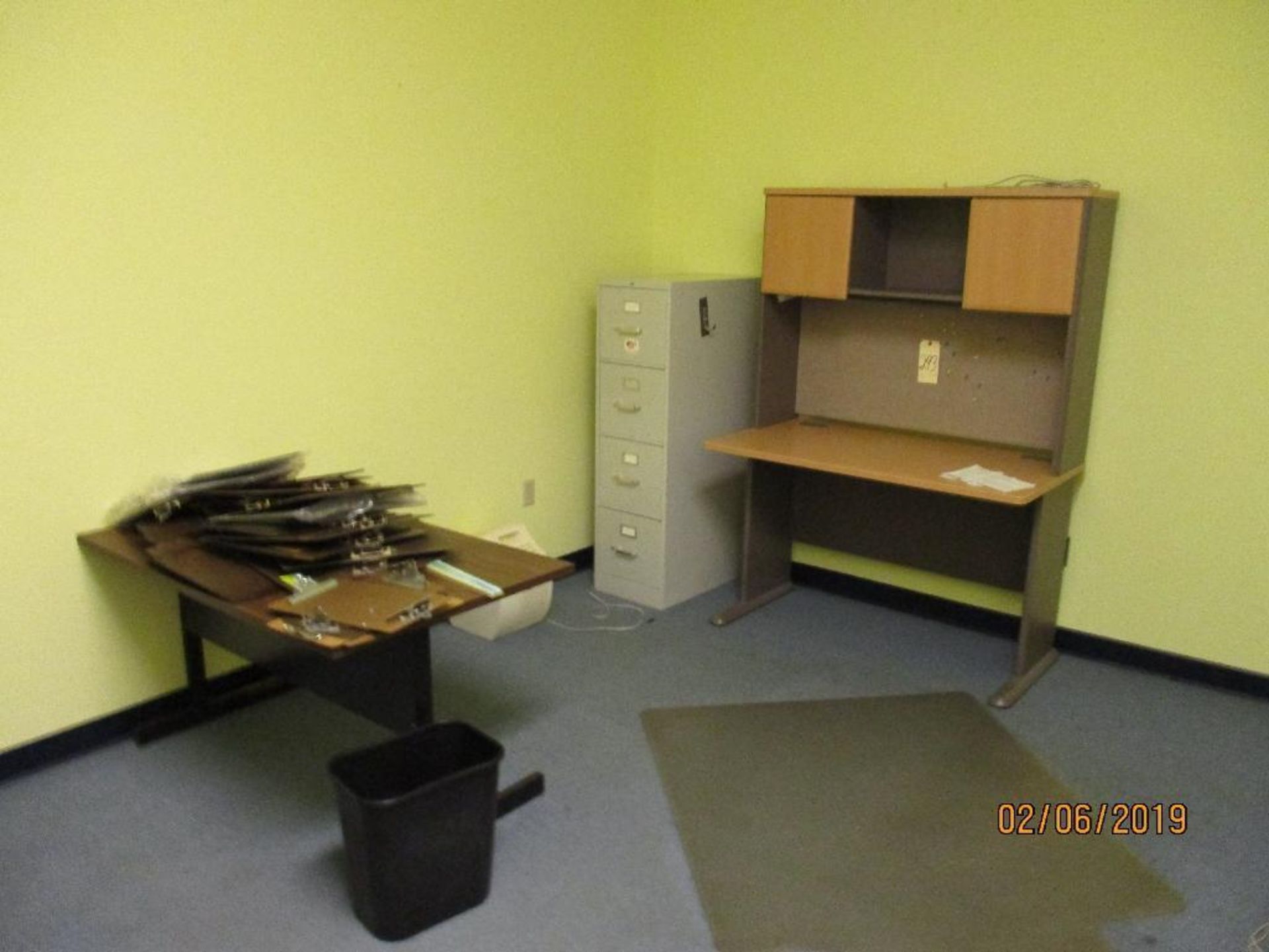 Two Tables, One File Cabinet, One Shelf No Contents