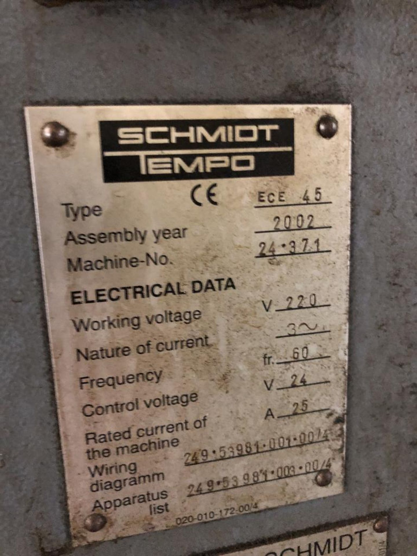 Schmidt Tempo ECE 45 Saw Blade Grinding Machine S/N: 24-371 (2002) 220V24V/25A; Dimensions 44"x 42"x - Image 8 of 17