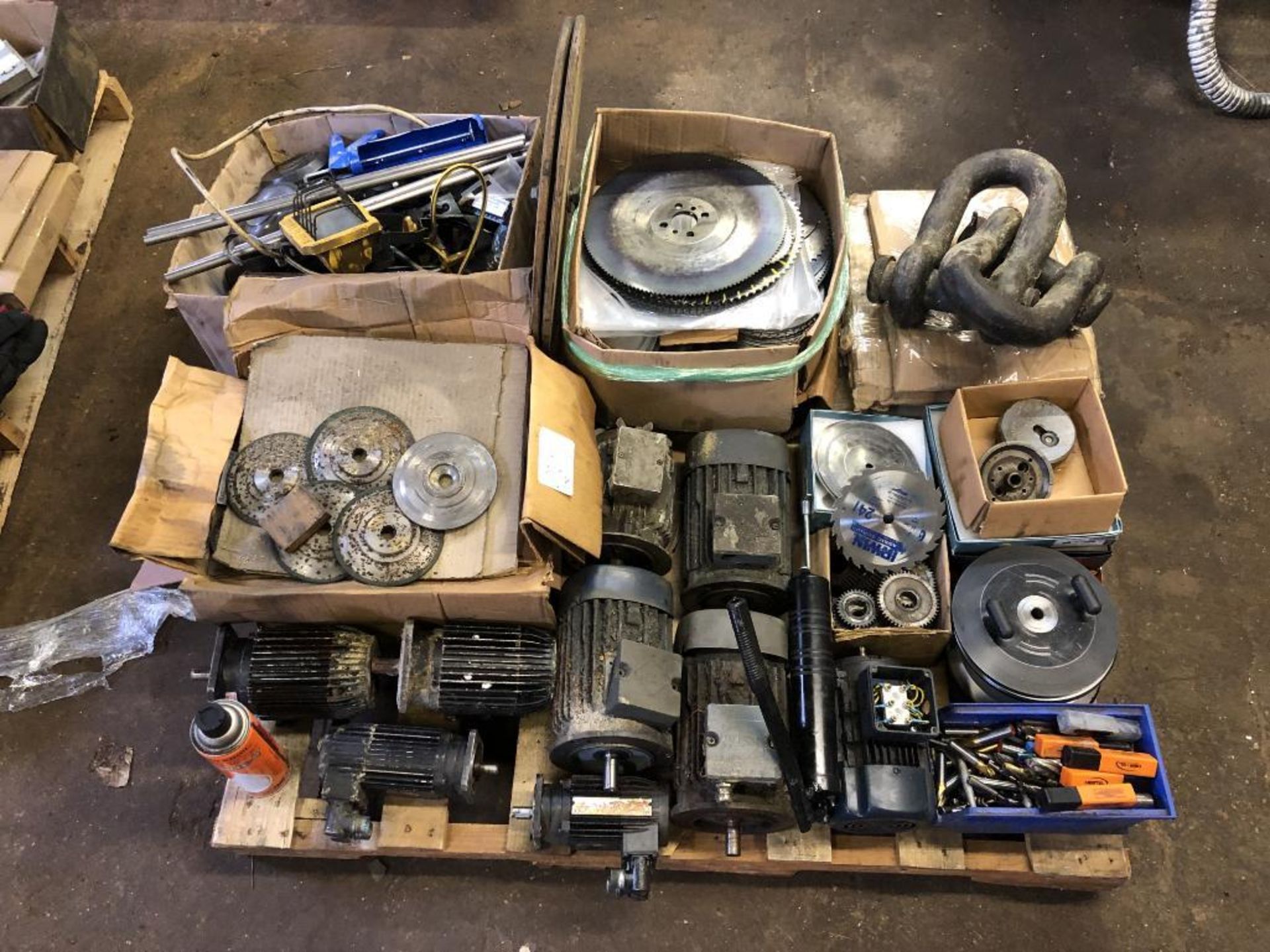 Lot c/o: Assorted Misc. Eletrical Motors, Drill Bits & Saw Blades on one skid