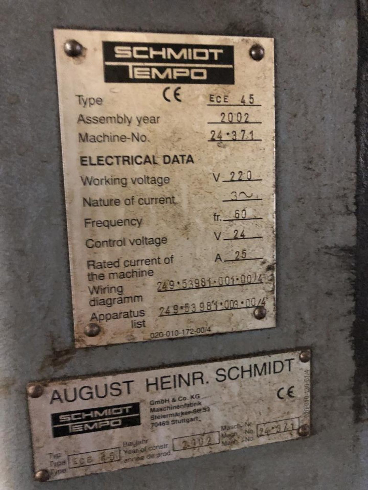 Schmidt Tempo ECE 45 Saw Blade Grinding Machine S/N: 24-371 (2002) 220V24V/25A; Dimensions 44"x 42"x - Image 9 of 17