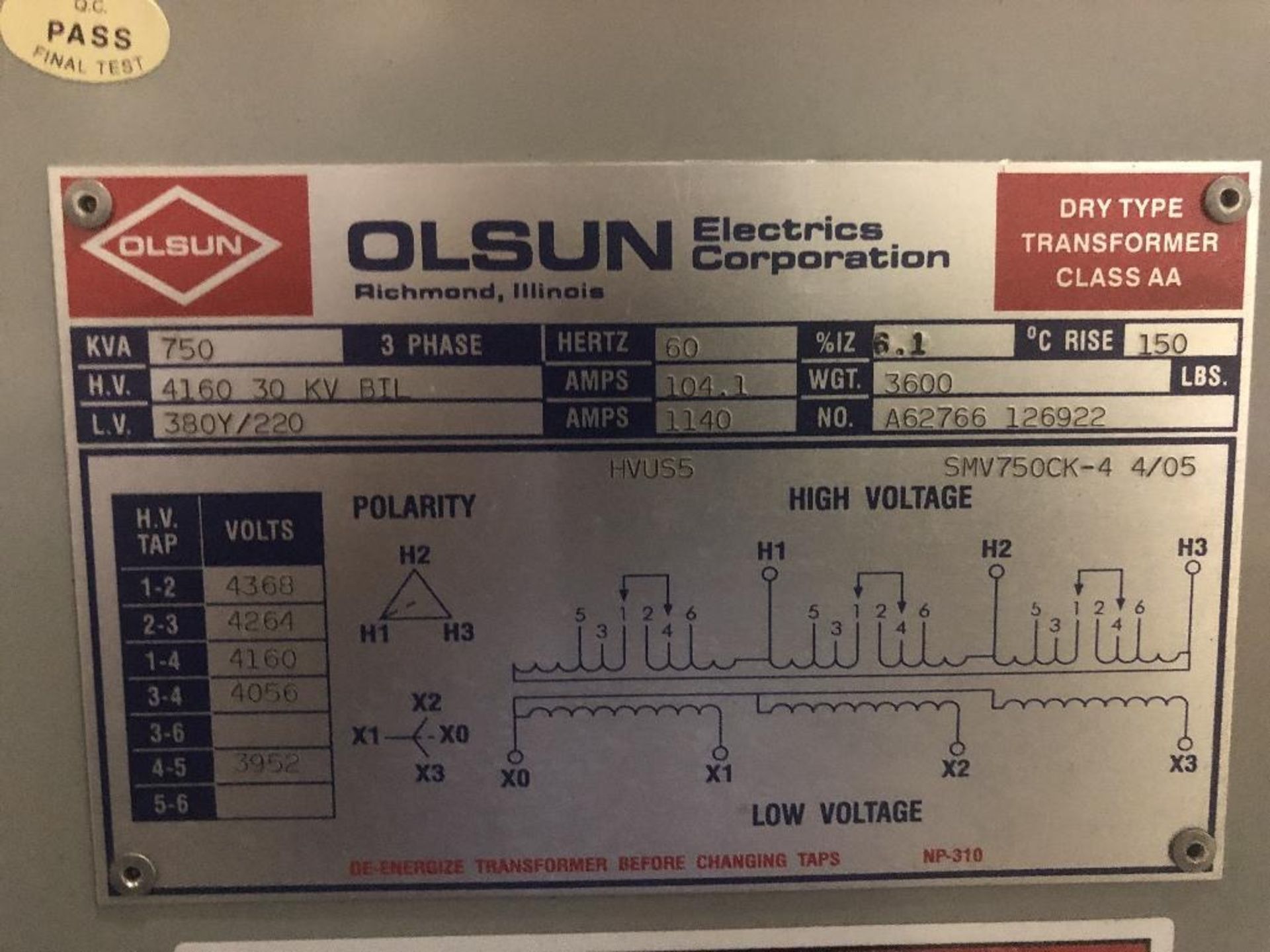 1 Olsun Electronics Transformer Model SMV750CK-4 4/05 , NO. A627 126922, Power 750 KVA/ 4160 30 KV B - Image 7 of 8