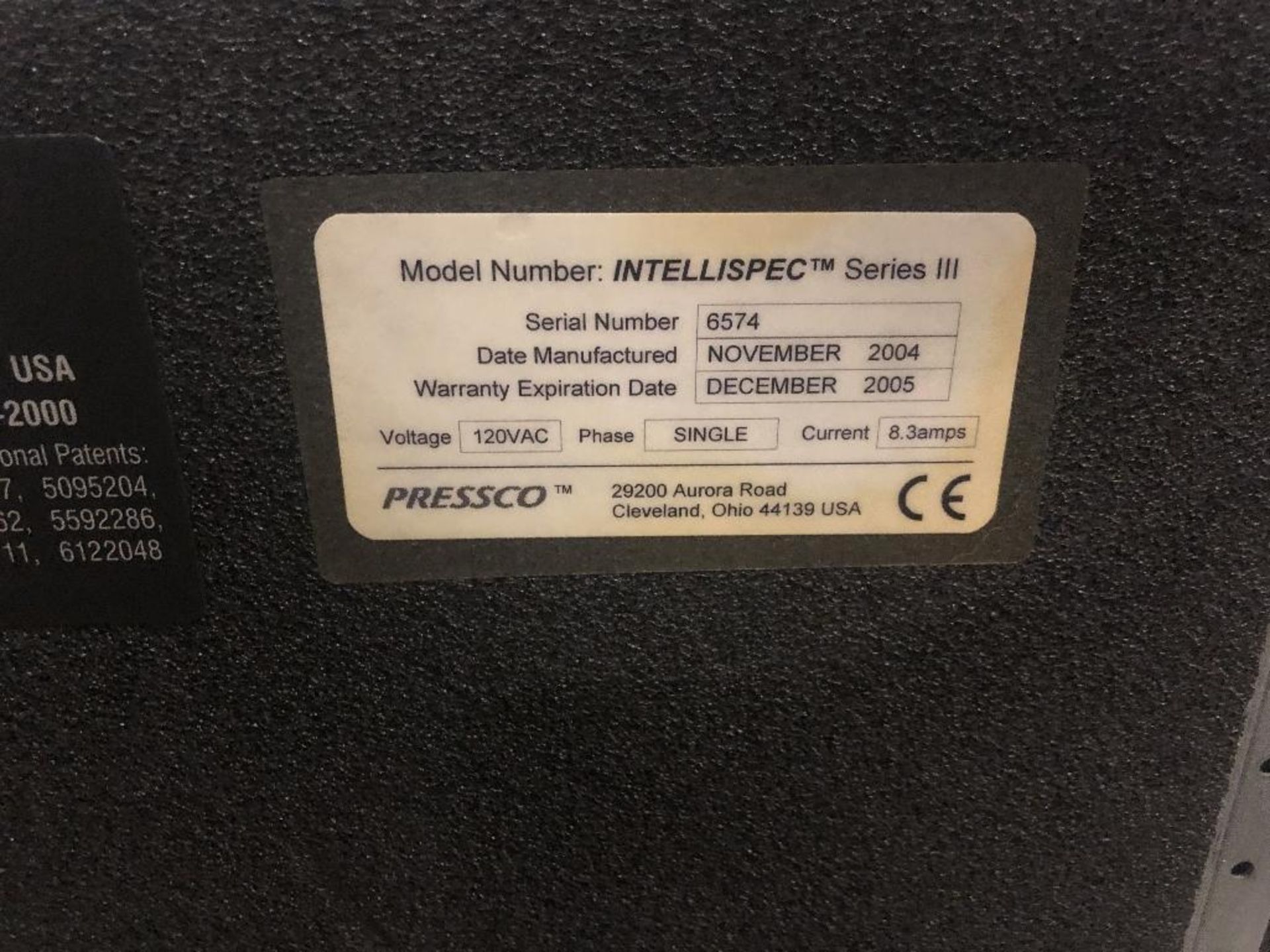 1 ea. Pressco Model : INTELLISPEC Serial II, S/N 6574, Power 120vca/ Single Phase/ 8.3amps, Dimensio - Image 9 of 10