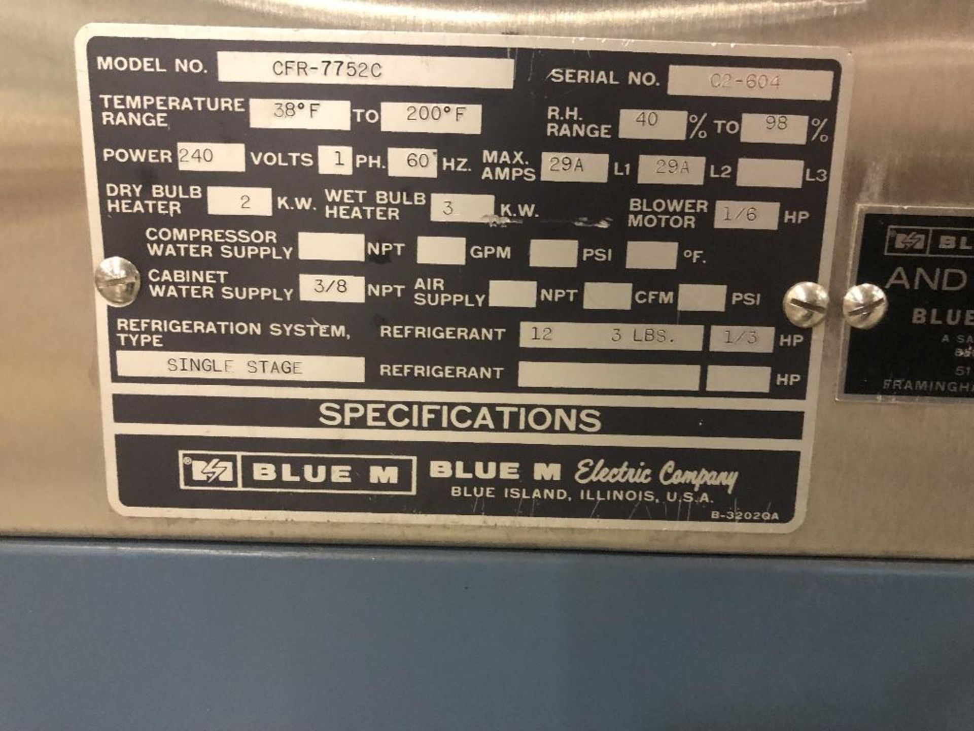 1ea BlueM Saturated Reaction Oven, Model CFR-7752, Temp Range 38f to 200F, Power 240/1/60/ 29A. Dime - Image 7 of 7