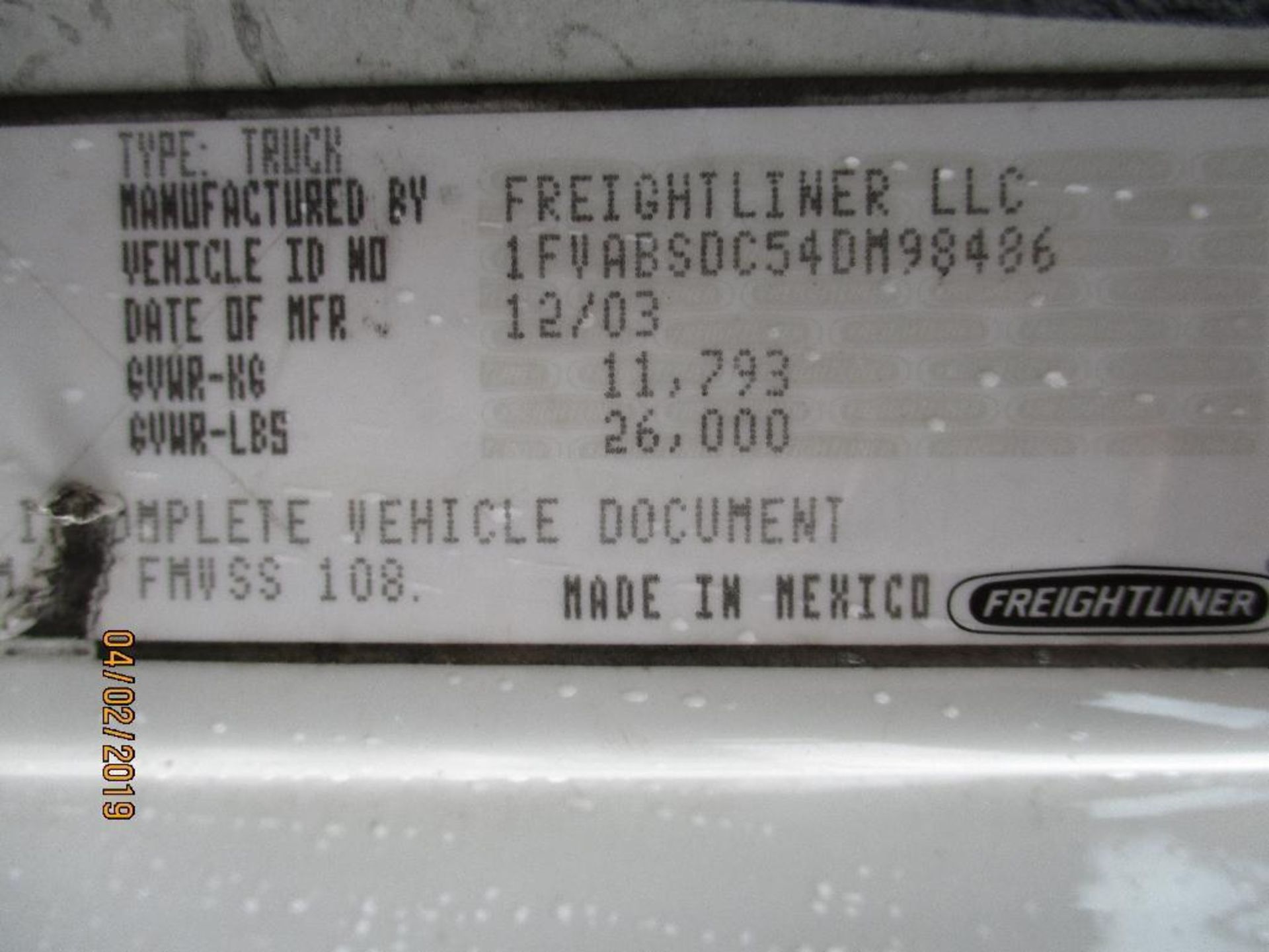 2003 Freightliner Box Truck 20ft With Lift Gate, GVWR 26,000lb, 440,647 Miles, VIN #1FVABSDC54DM9848 - Image 11 of 11