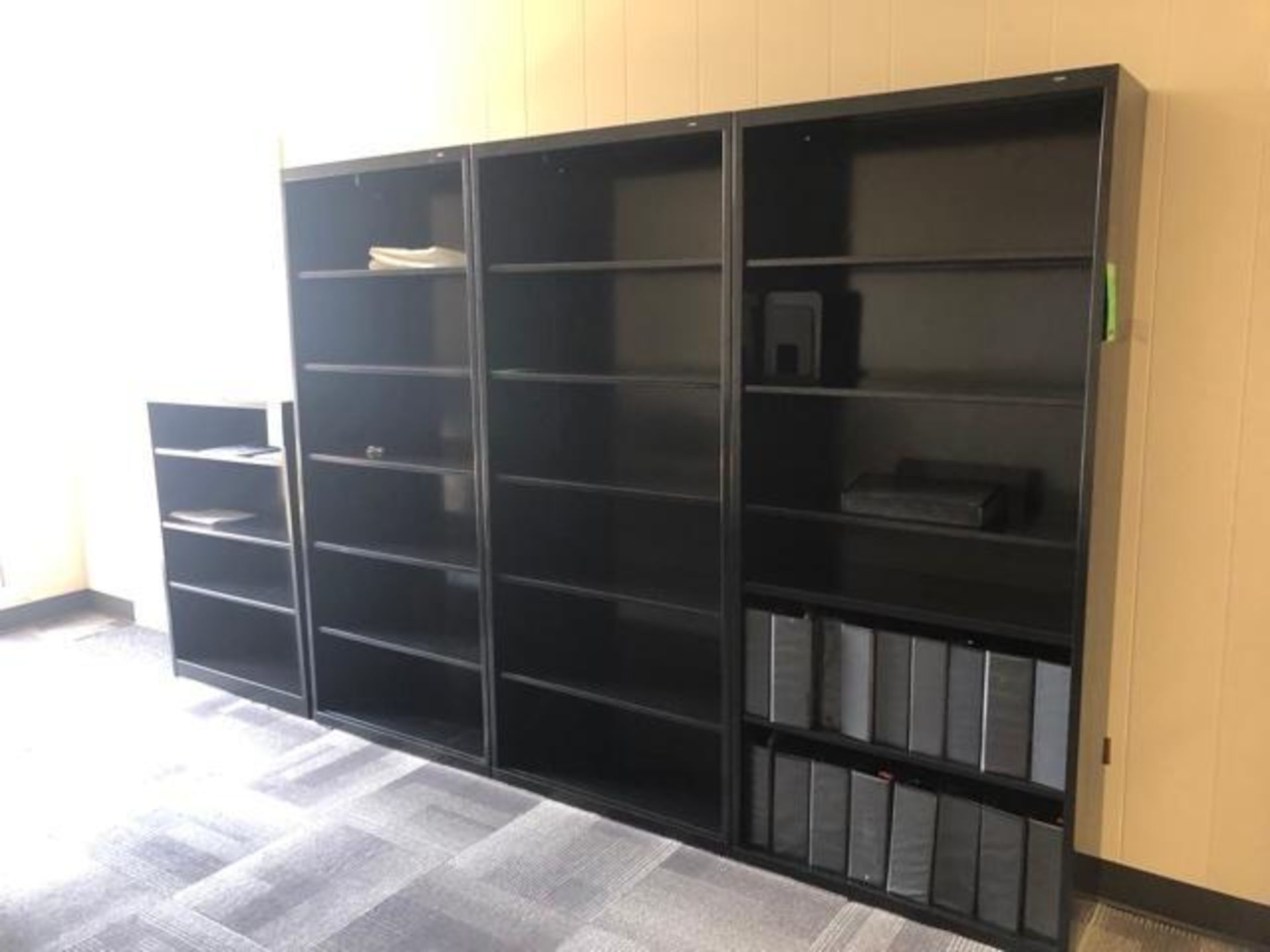 (4) Metal Book Shelves (3) 35" x 78"x 13"; (1) 34"x 13.