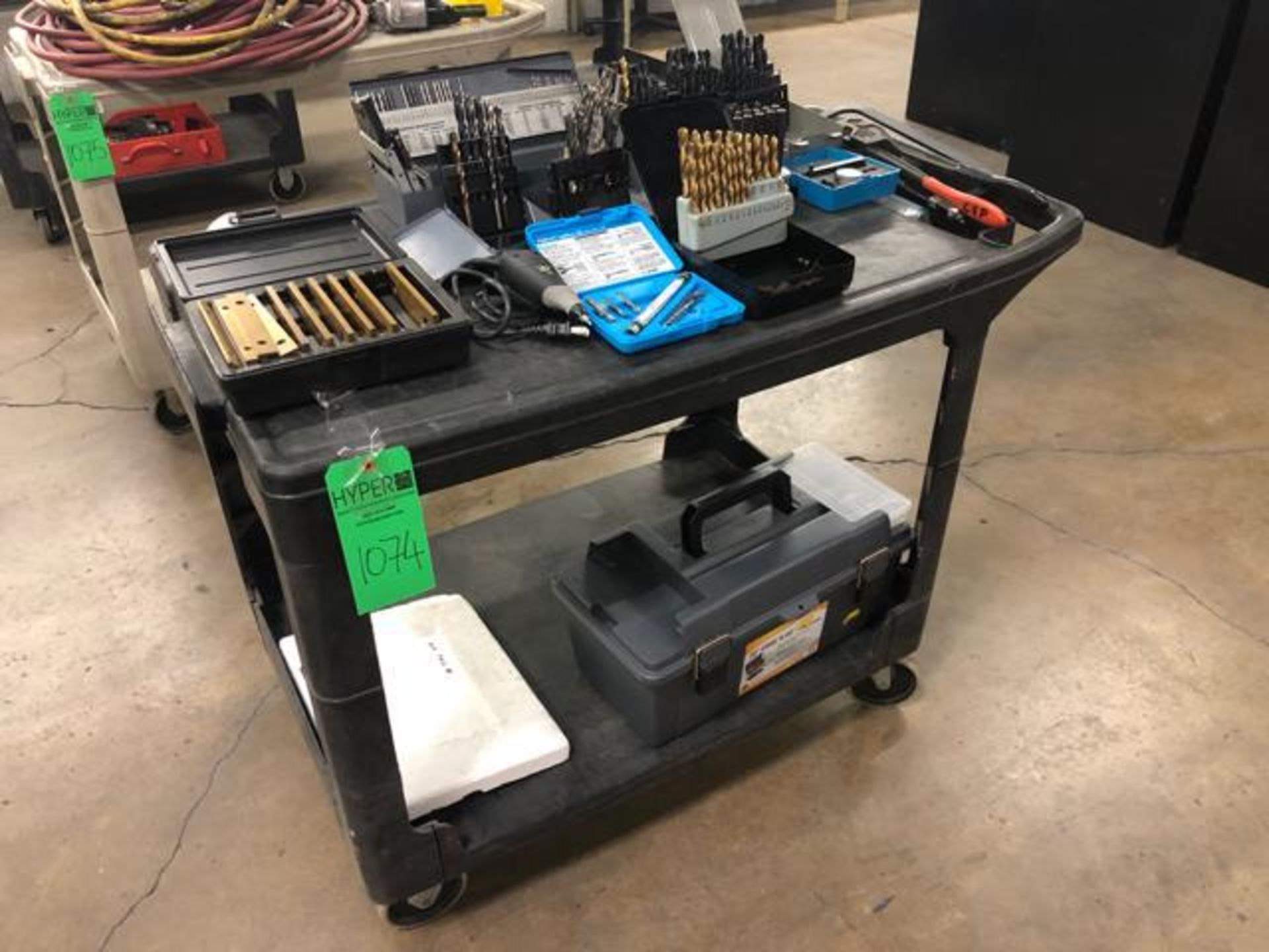 Plastic Shoop Cart with tool to include: Drill Set, 1ea Tap Con Set 500, 1 ea. Plano Tool Box Mdl:65