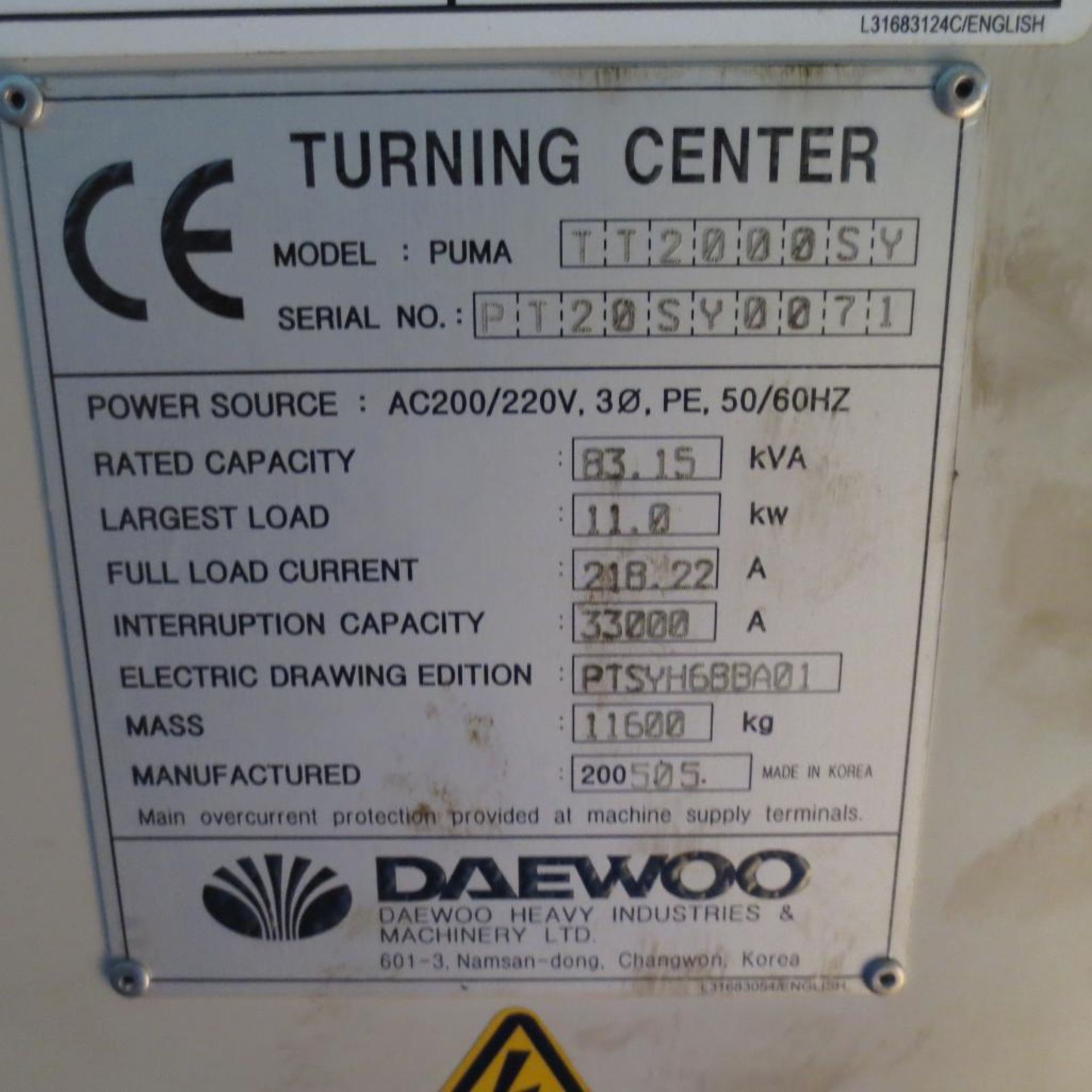 Daewoo Model Puma TT2000SY CNC Turning Center S/N PT20SY0071 (2005) Fanuc Series 18i-TB Controls,5,5 - Image 10 of 12