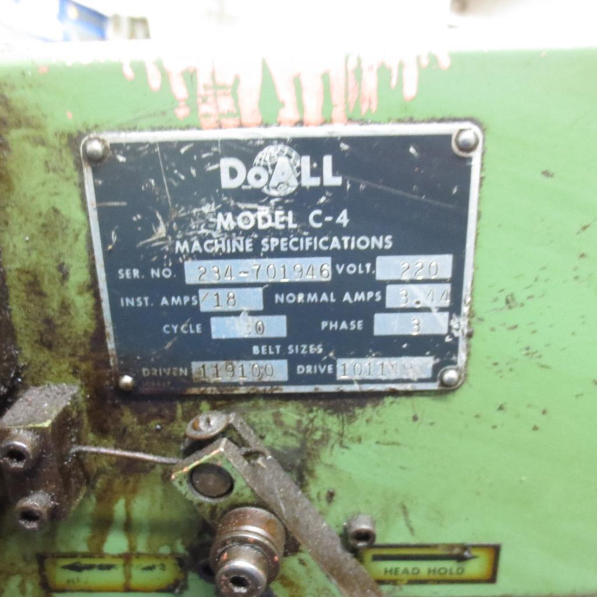 DoAll Model C-4 Portable Horizontal Band Saw S/N 234-701946, 3 HP, 220V *RIGGING $50* - Image 5 of 5